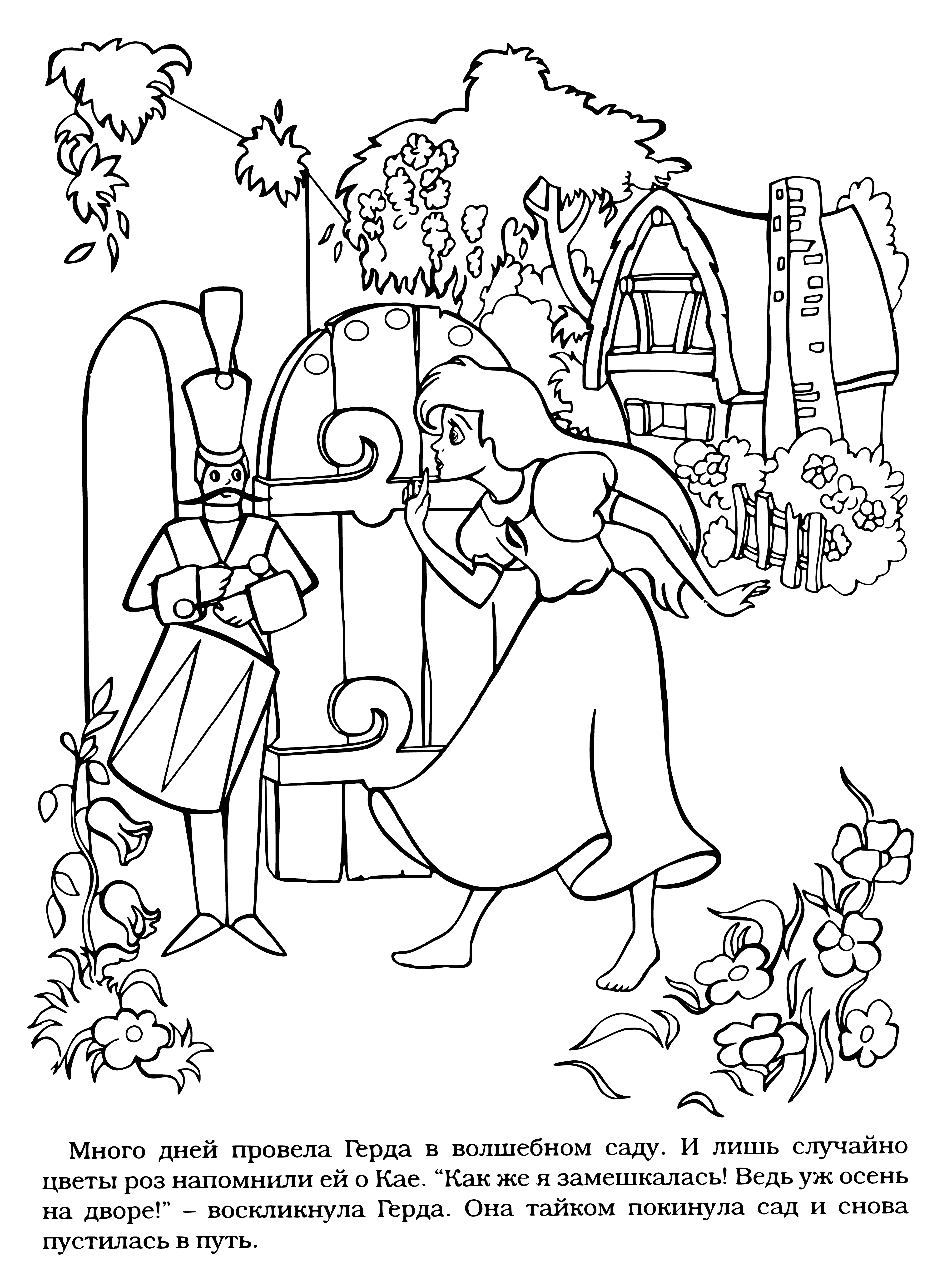 coloring page: Gerda cries by a river holding a rose and is accompanied by a fox in the snow.