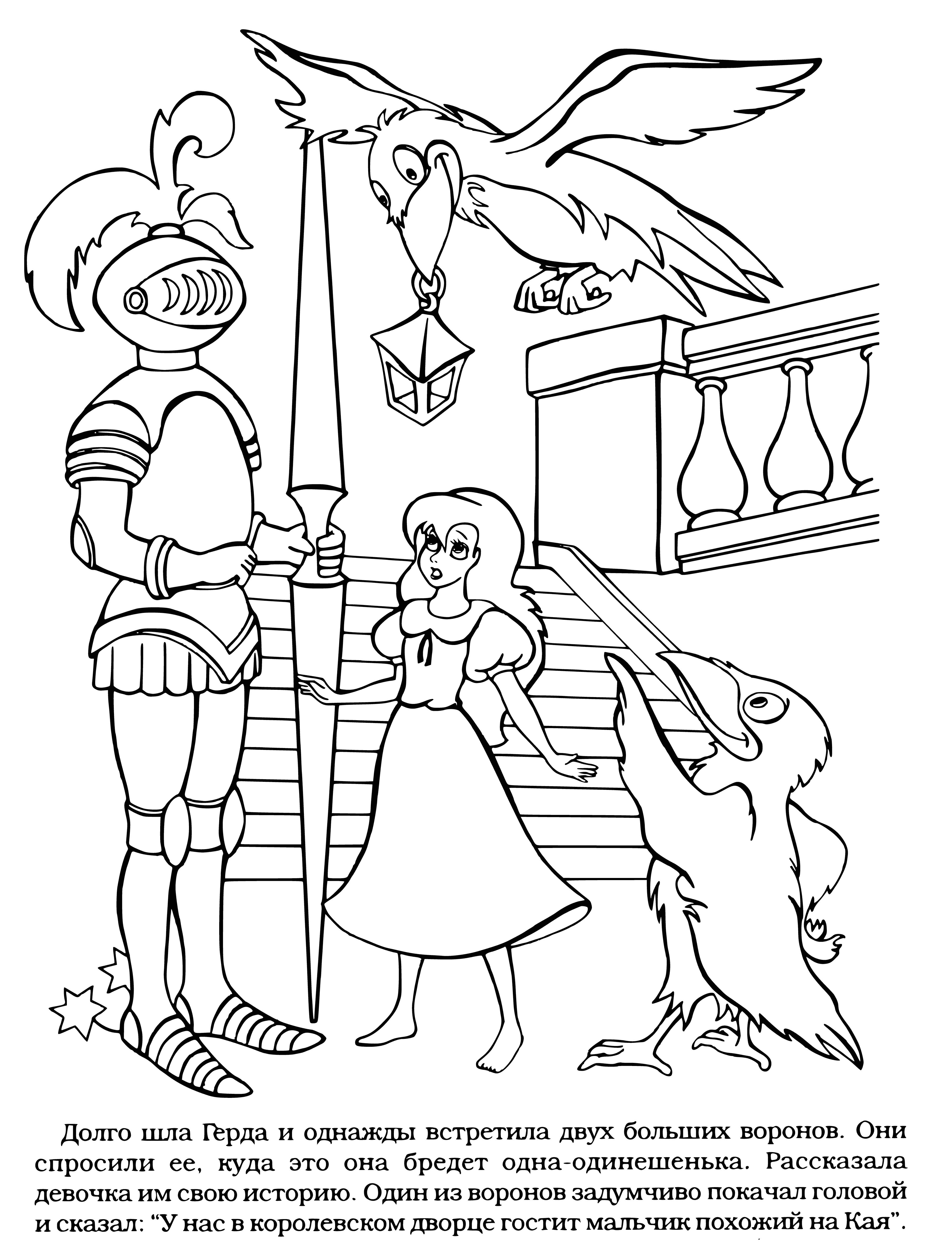 coloring page: Three crows perch on wire fence; one eats bread, one gazes off, one gazes at viewer. Girl runs towards crows in distance.