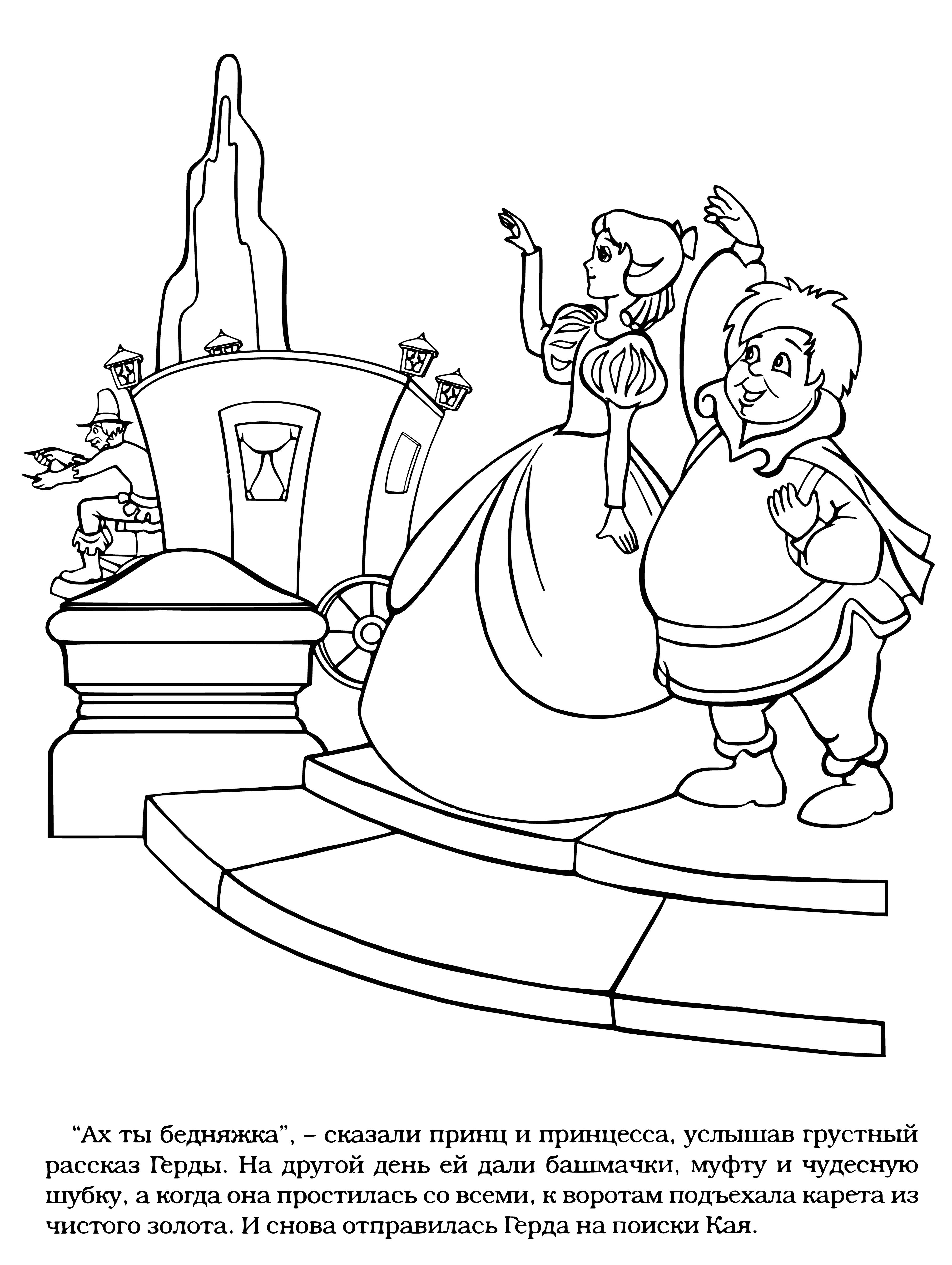 coloring page: Prince & Princess sit on red couch. He in blue suit, white shirt, red tie. She in white dress w/ blue sash. Both look at book & he has arm around her.