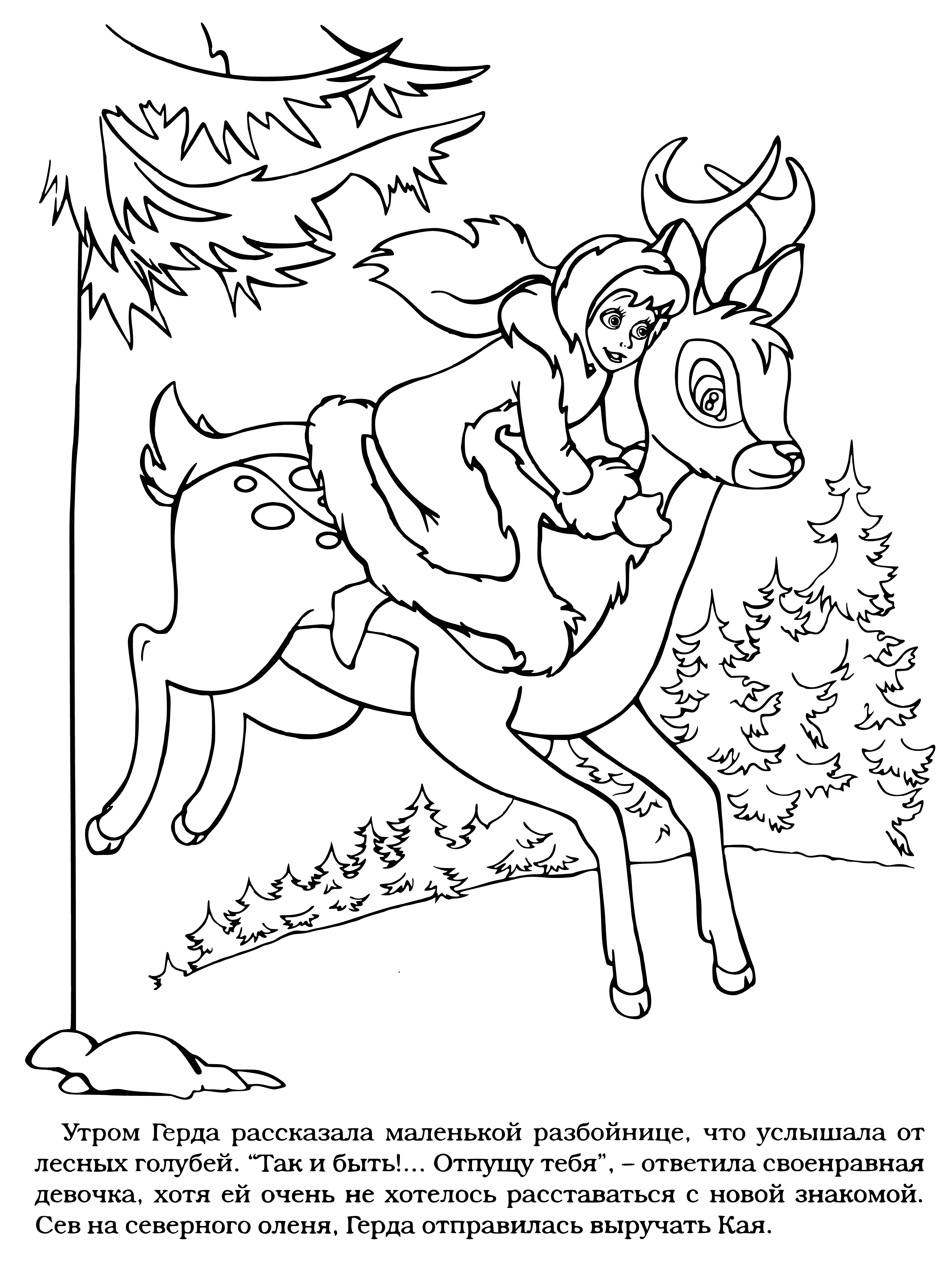coloring page: A smiling Gerda stands amongst bees, butterflies and a field of flowers.