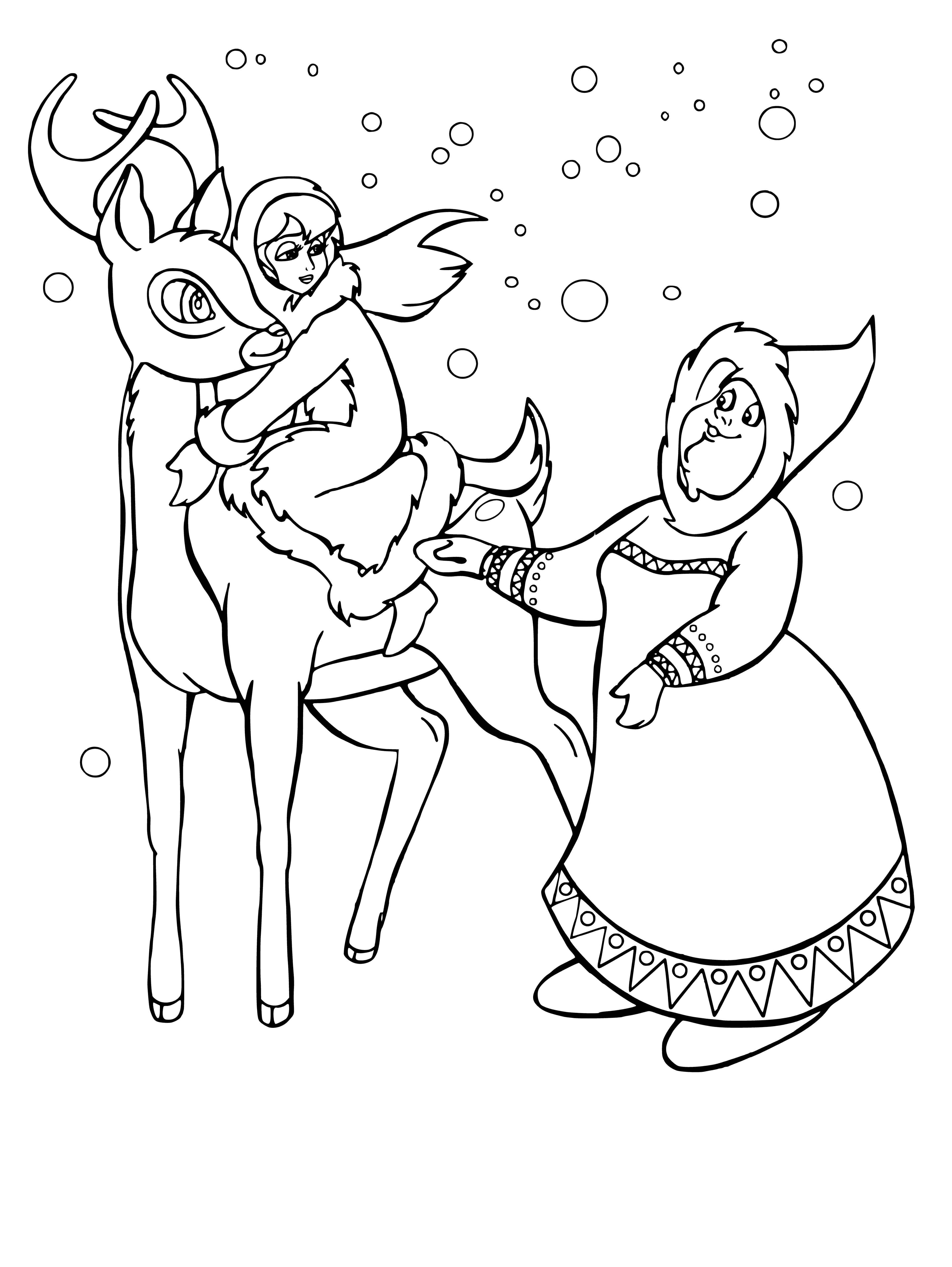 coloring page: People gather 'round a small hut to see a figure in brown fur coat with white beard, staff, bag and 2 reindeer, one with red nose.
