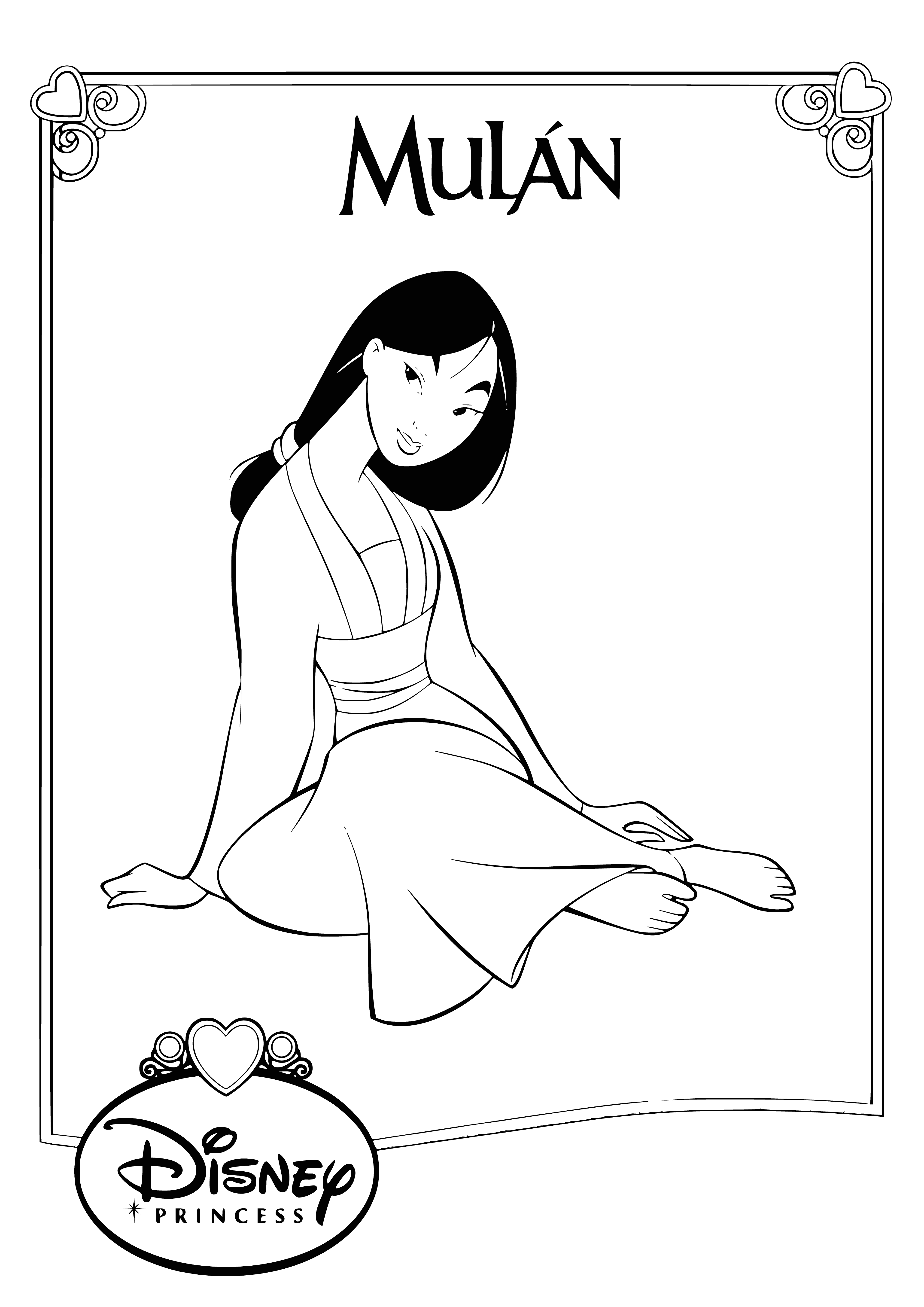 coloring page: Beautiful young woman w/long black hair, wearing Chinese dress & red sash while holding sword, gaze determined.