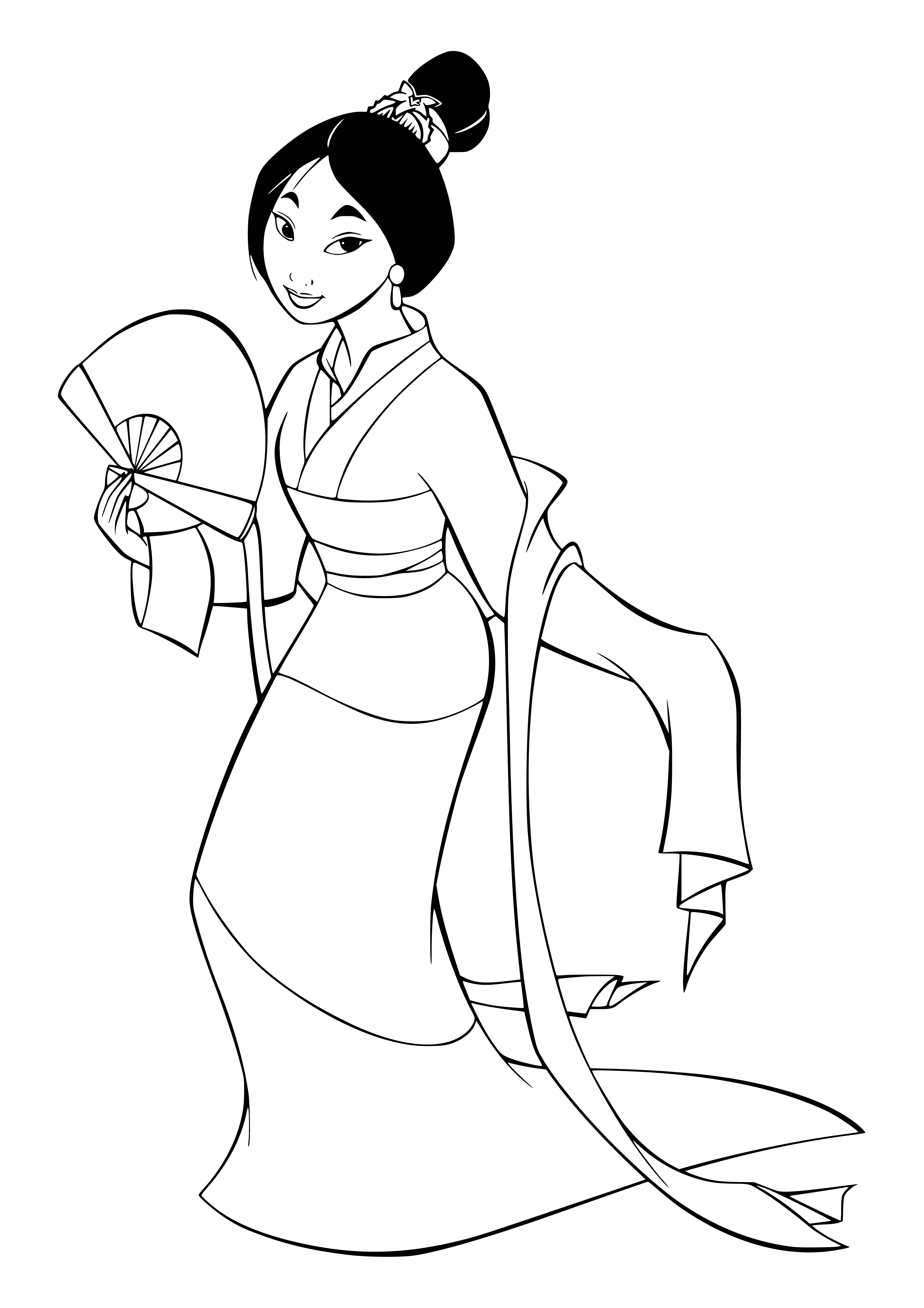 Mulan with a fan coloring page