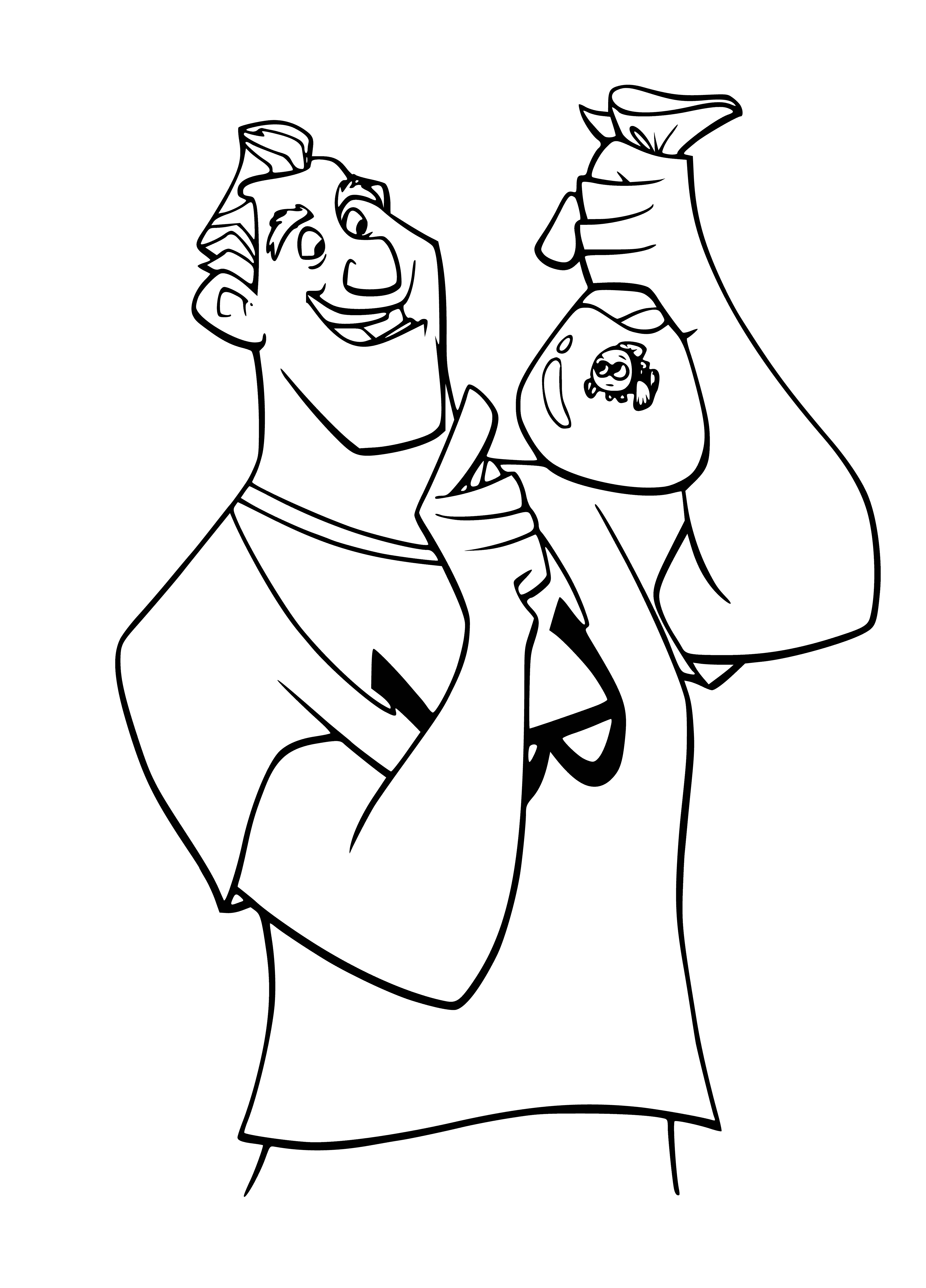 coloring page: Dentist holds a scared fish trying to escape in a coloring page.