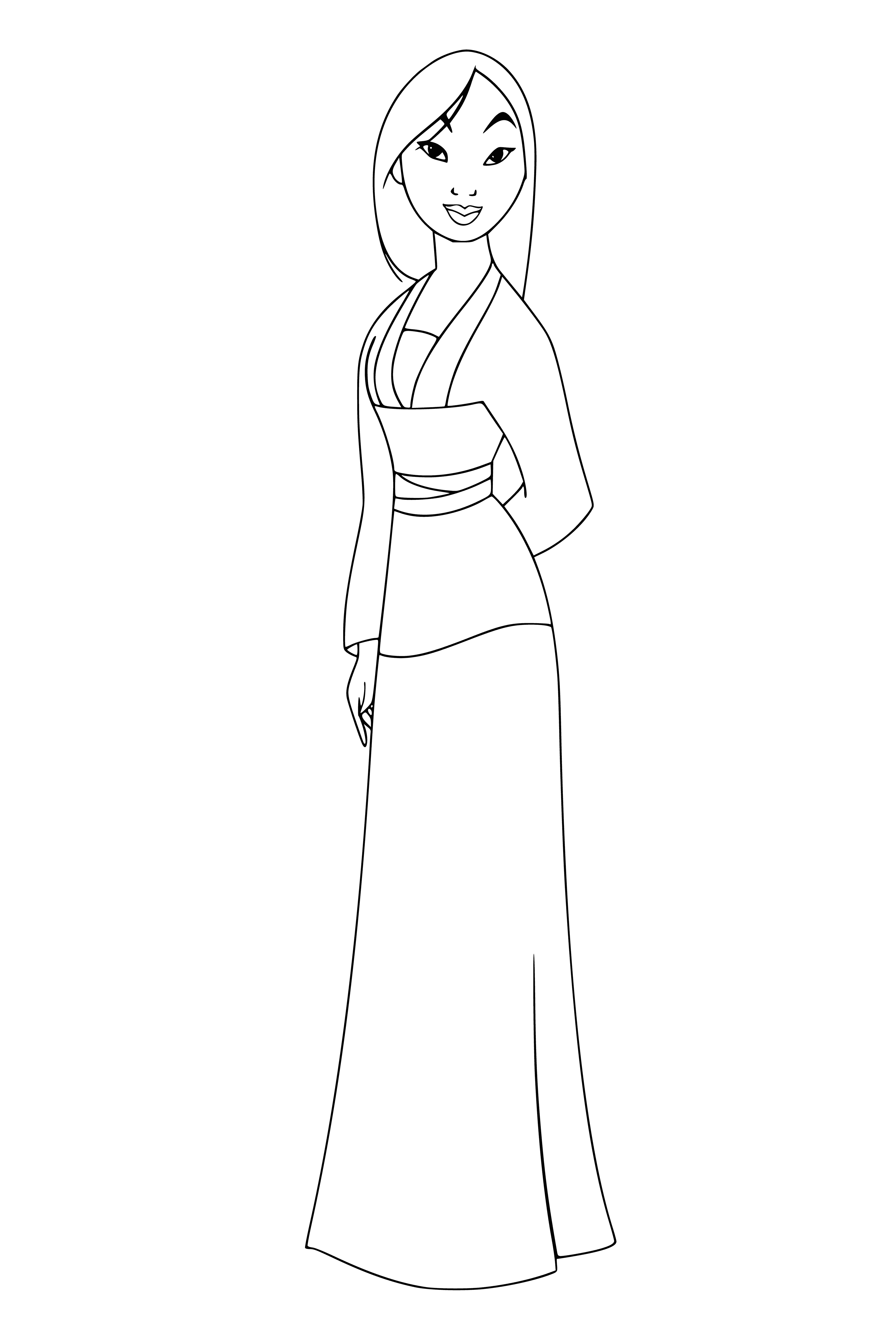 coloring page: Princess Mulan stands determined in a traditional Chinese dress, ready to take on whatever challenges await her.