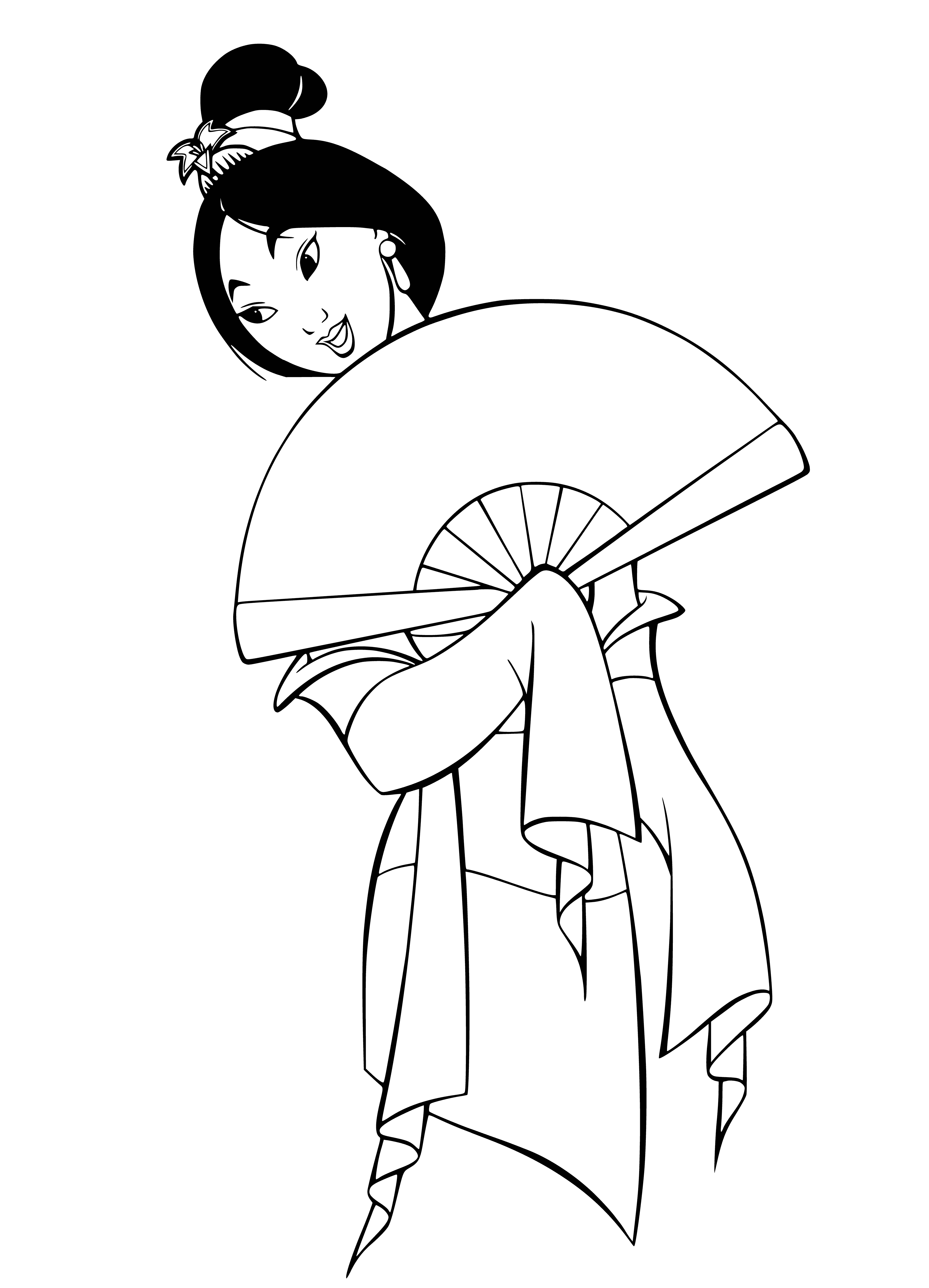coloring page: => Woman in Chinese dress holds fan, looks determined.