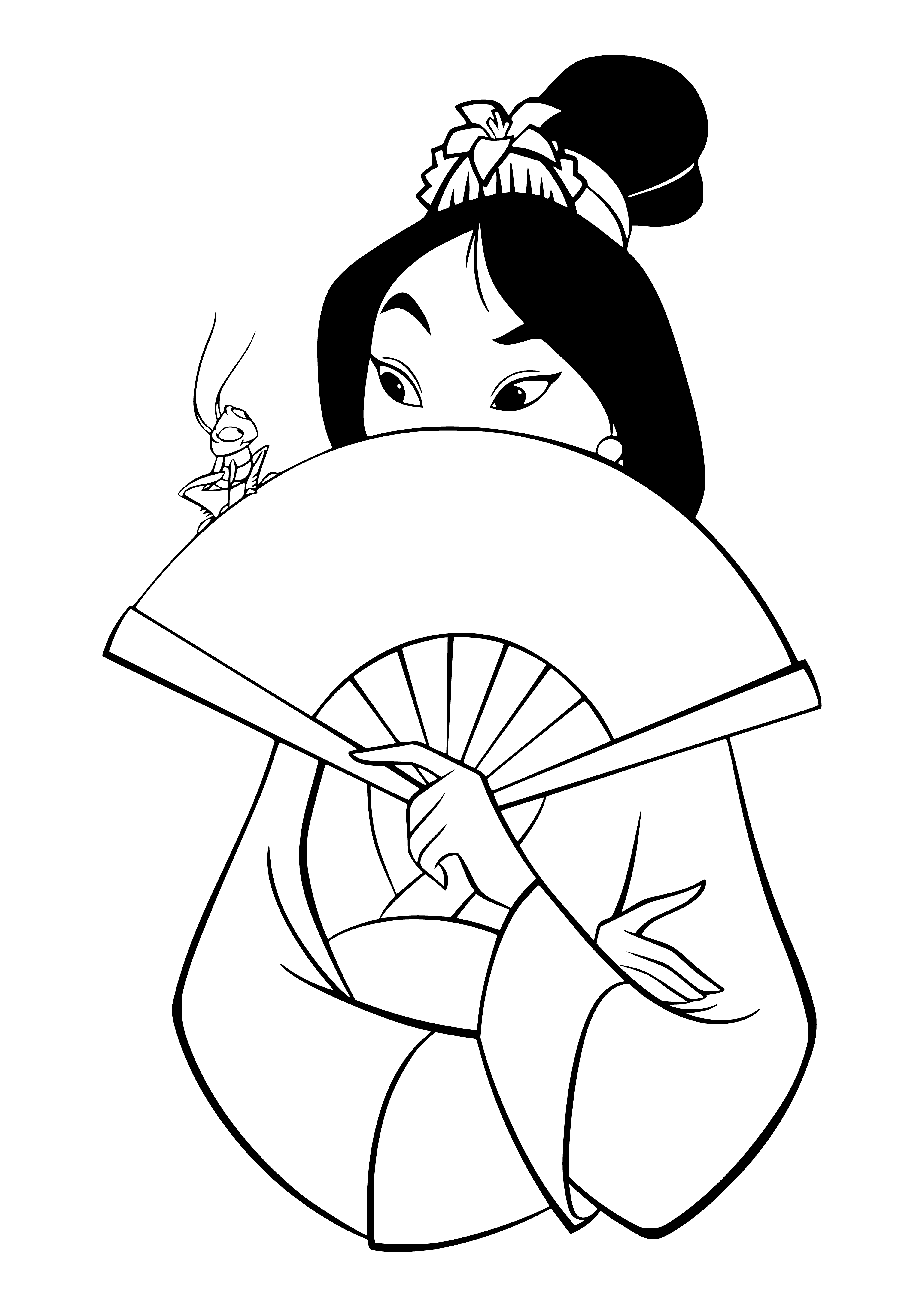 coloring page: Mulan smiles at Kri-Ki, a frog in her hands, both sharing a happy moment.