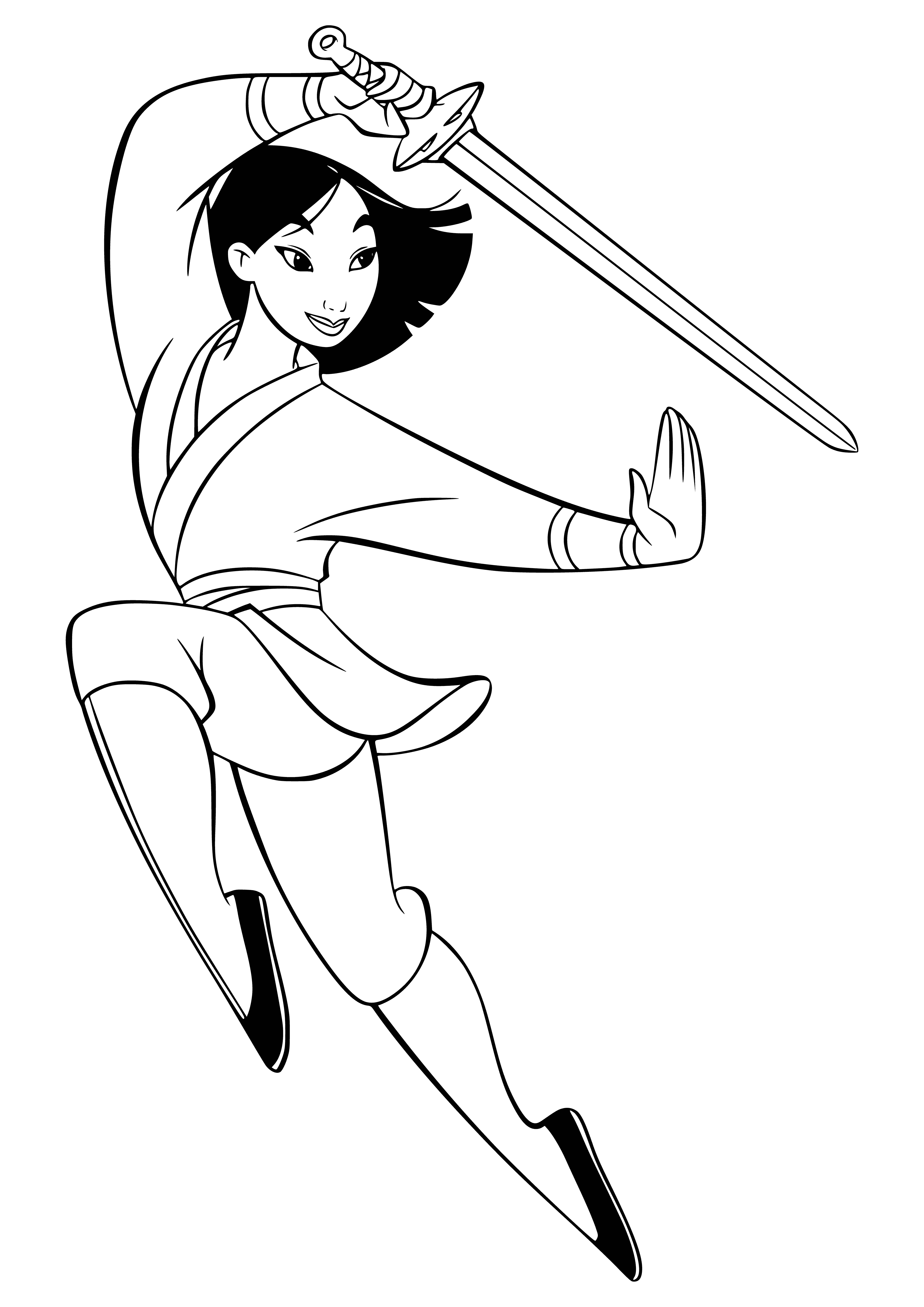 coloring page: Woman in a green dress w/ yellow sash stands in grassy area, wielding a sword. Hair pulled back in a ponytail.