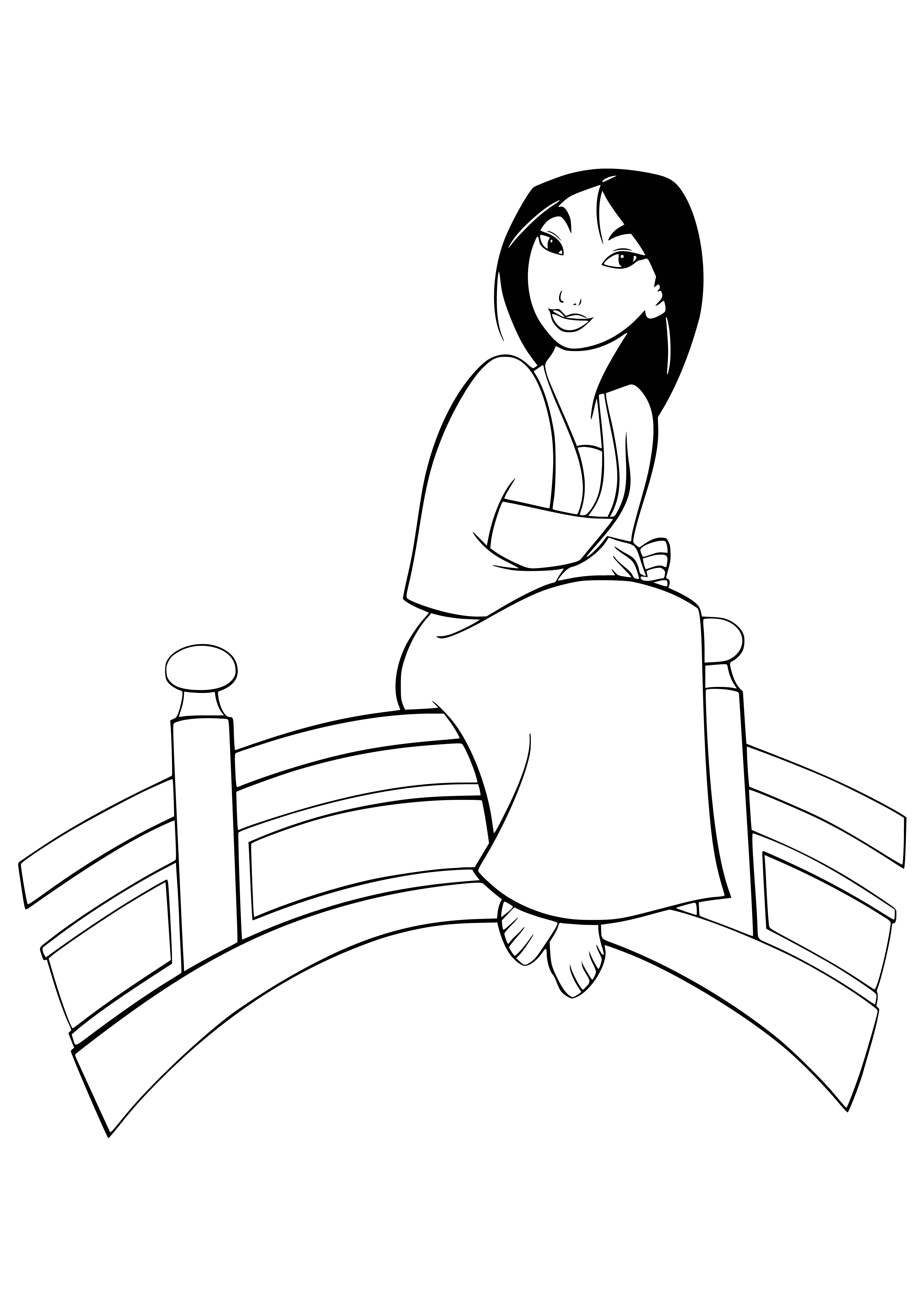 coloring page: Mulan stands confidently, ready to face her destiny with courage. She is dressed in traditional Chinese clothing and holds a red flag, symbolizing her determination.