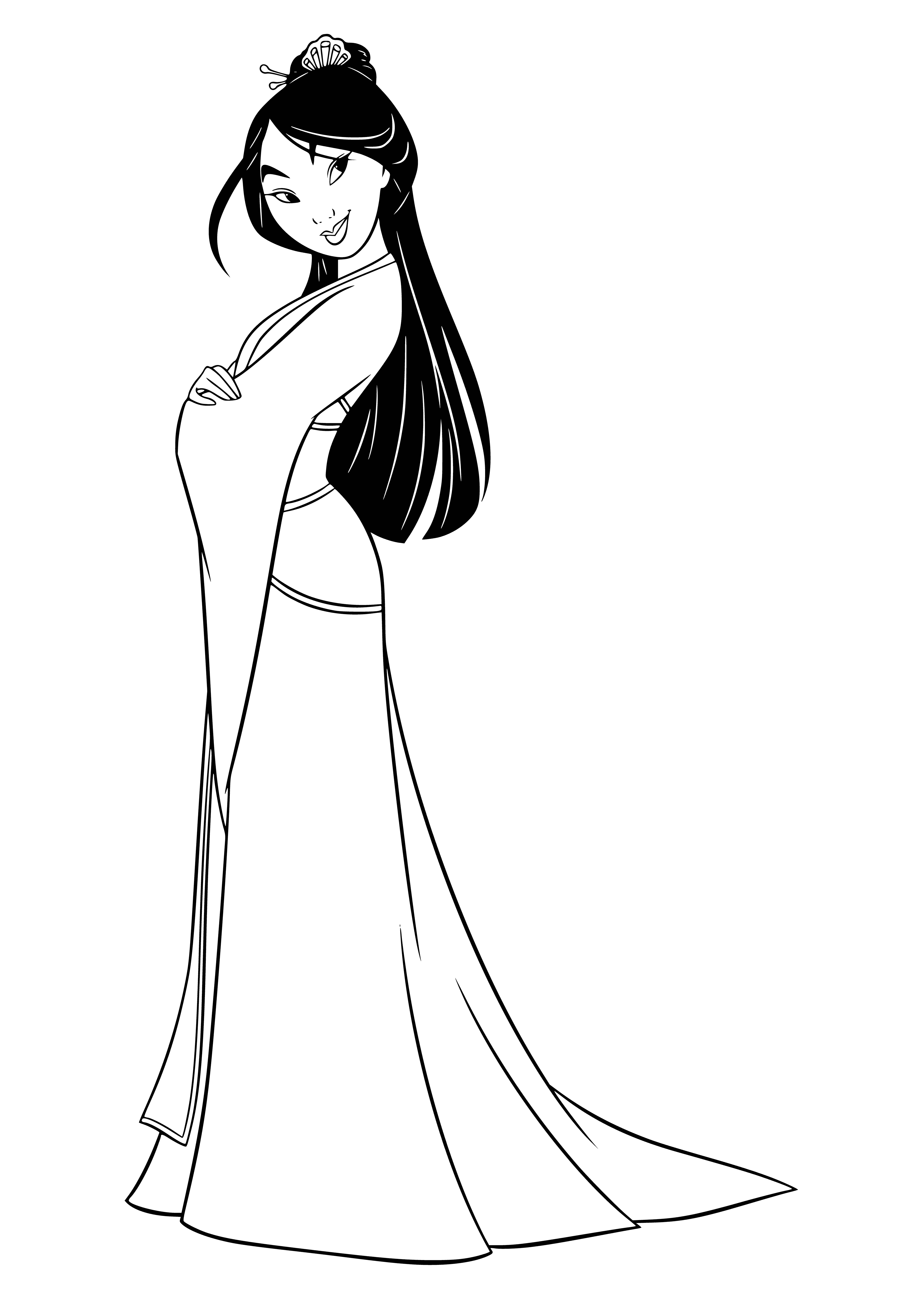 coloring page: Chinese woman wearing traditional clothing, confident expression, looking to side, hair in bun with chopsticks, map of China behind her.