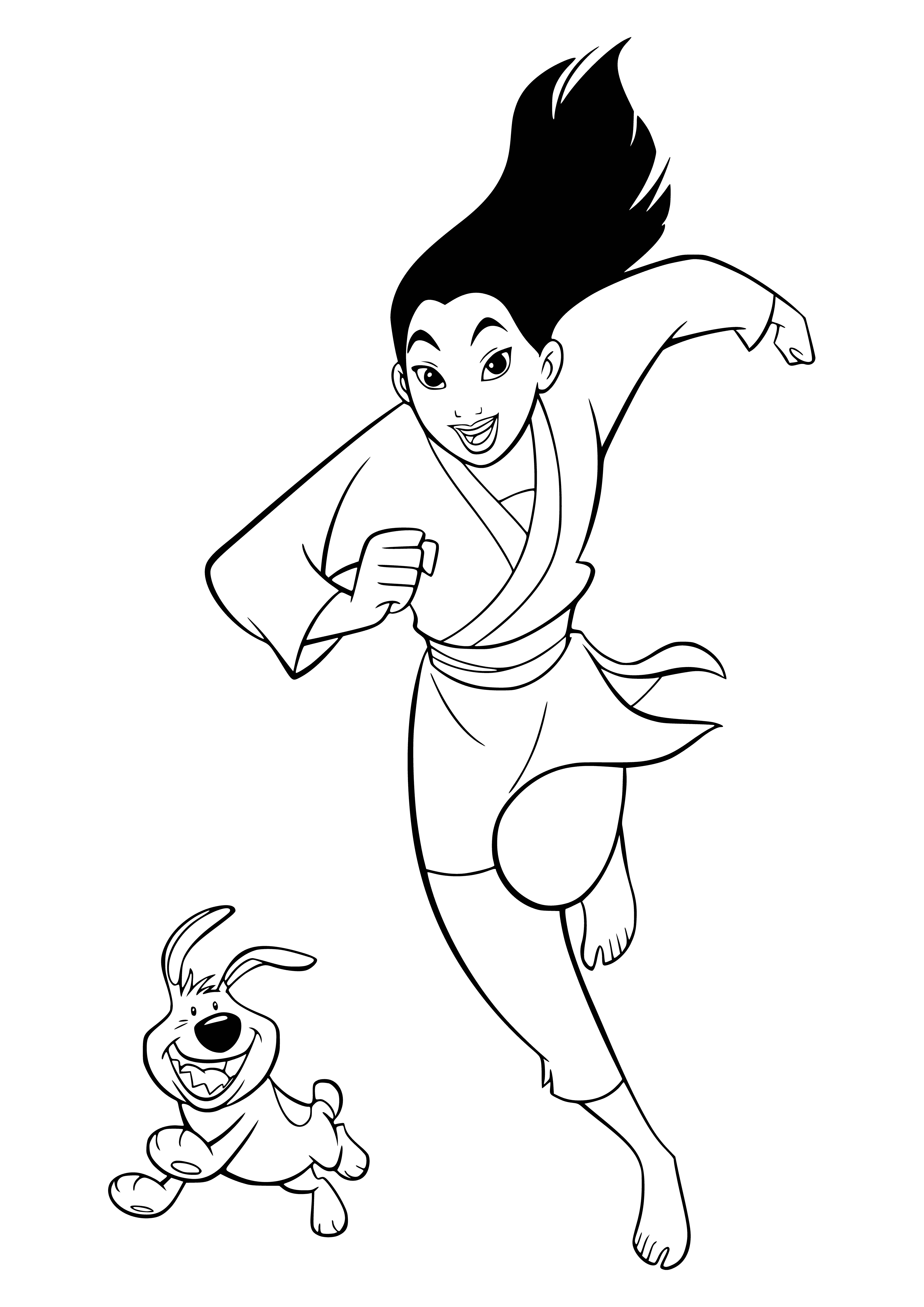 coloring page: Mulan holds a puppy and is wearing traditional Chinese dress. The cute pup licks her chin.
