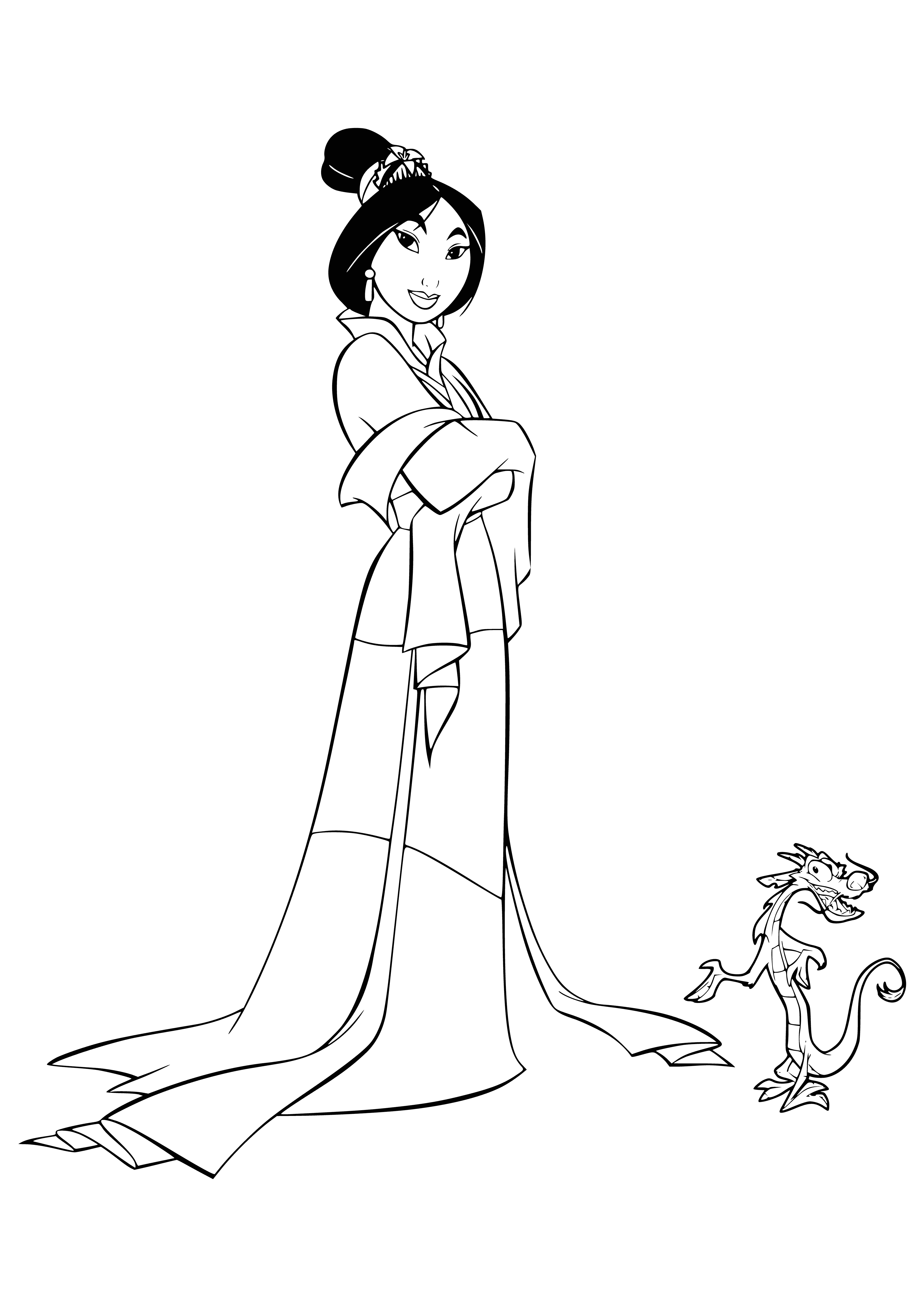 Mulan and the little dragon Mushu coloring page