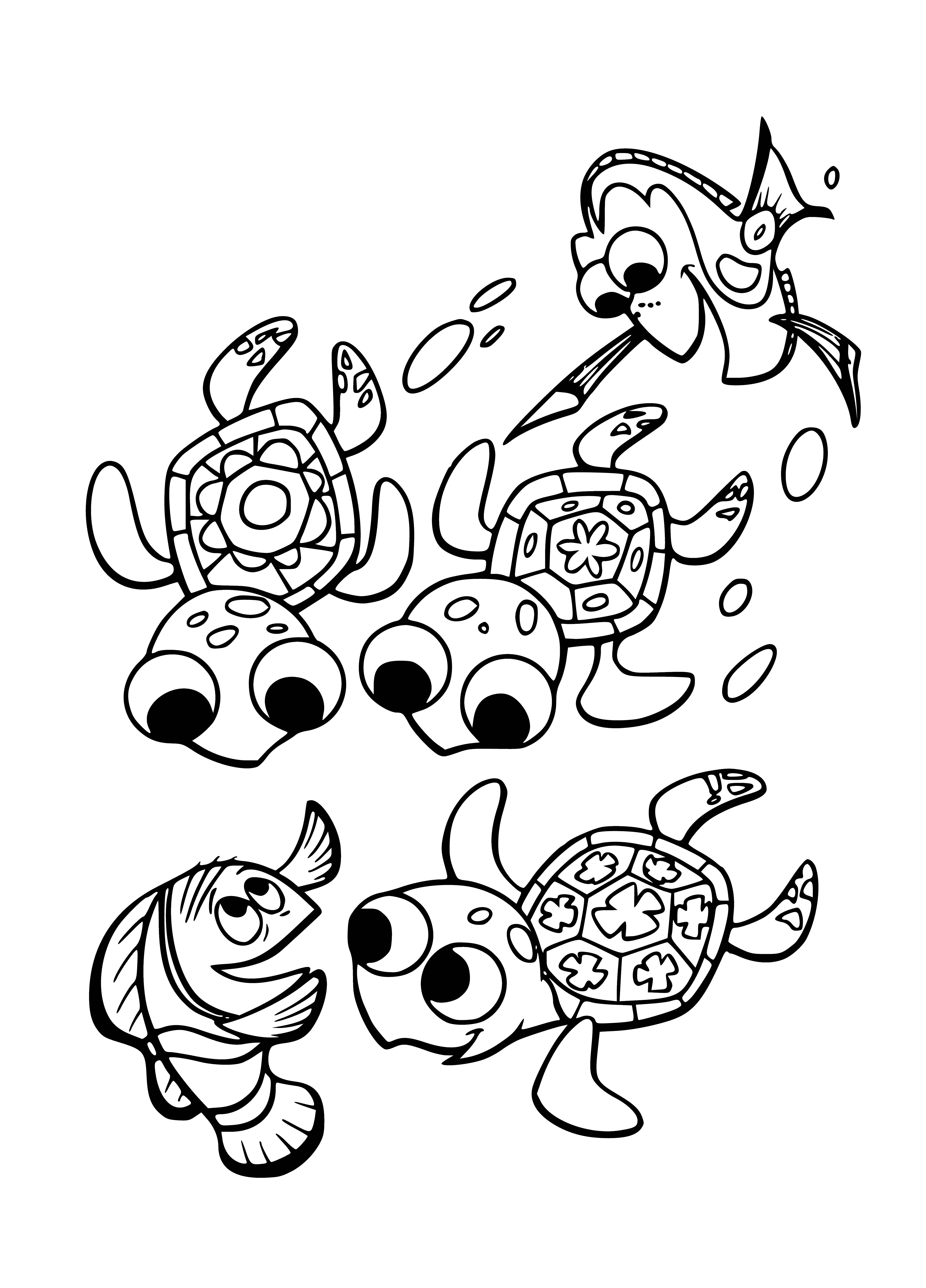 coloring page: 3 turtles swim in a large body of water in shades of green; middle turtle is in-between in size & color; all turtles appear content, eyes closed & mouths open.