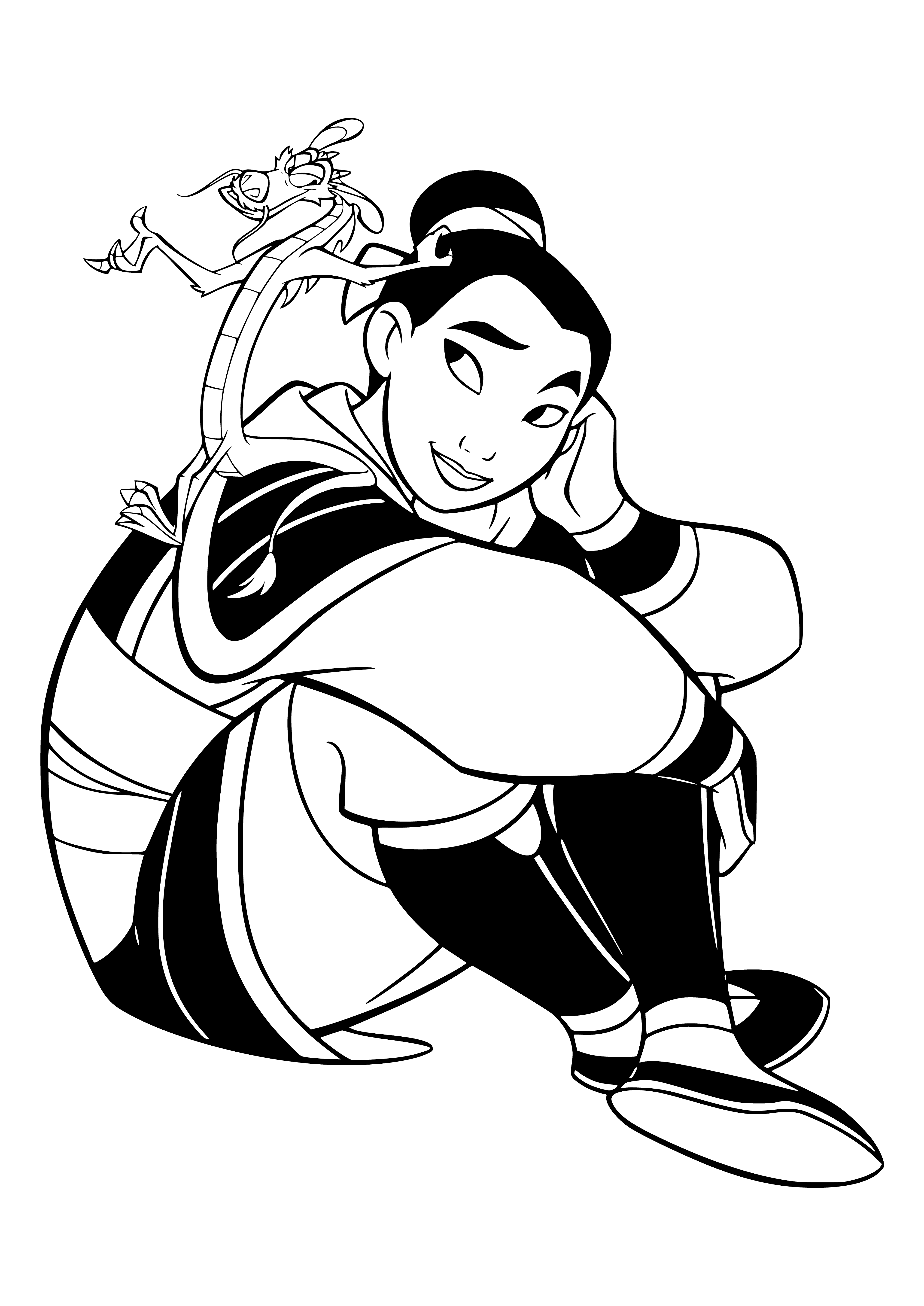 coloring page: Mulan and Mushu stand confidently together; she looks serious, while he's proud & happy. Both have crossed arms.