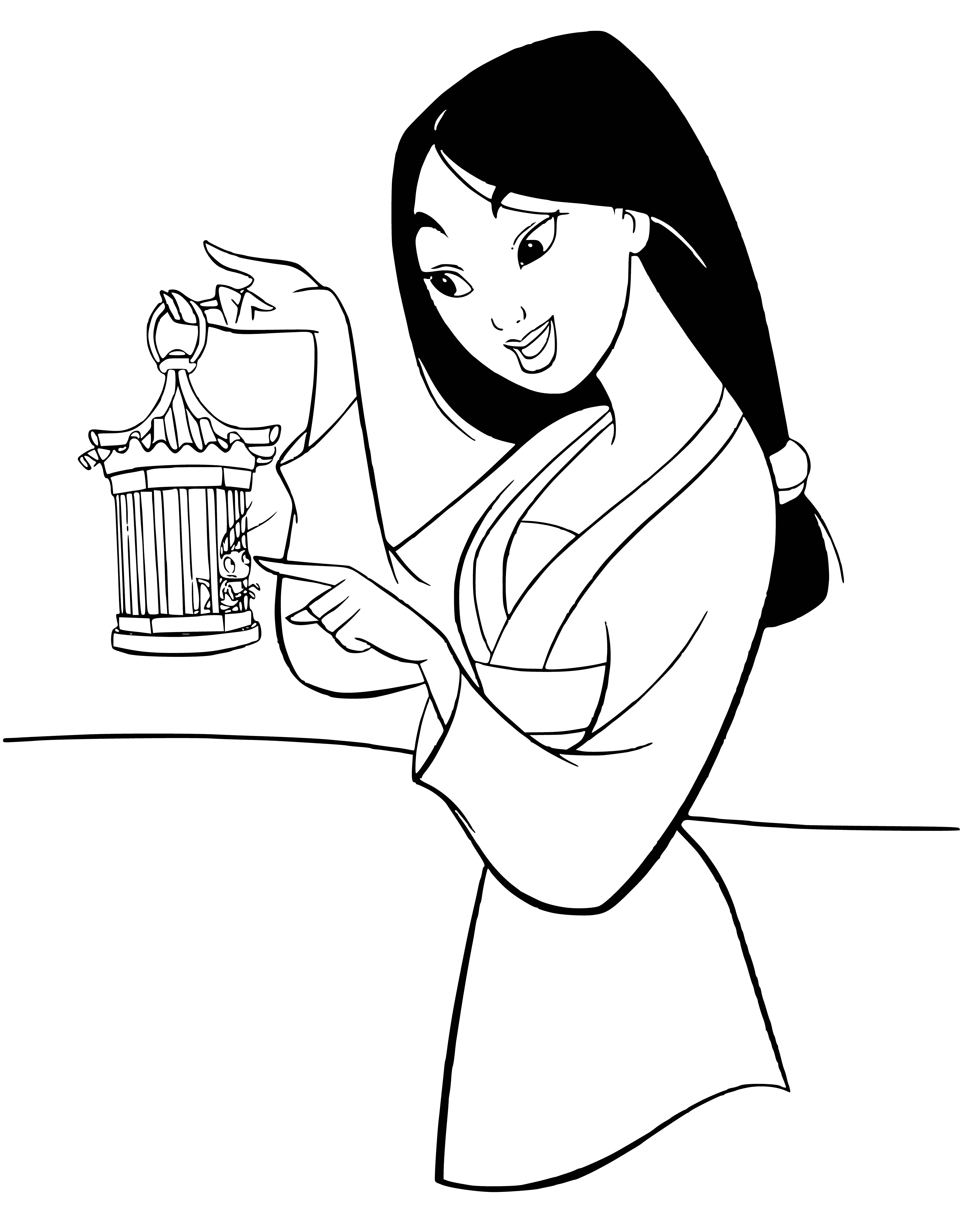 coloring page: Mulan, a Chinese folk heroine, disguises as a man to fight in her father's stead. She stands in her battle armor, ready for the fight.