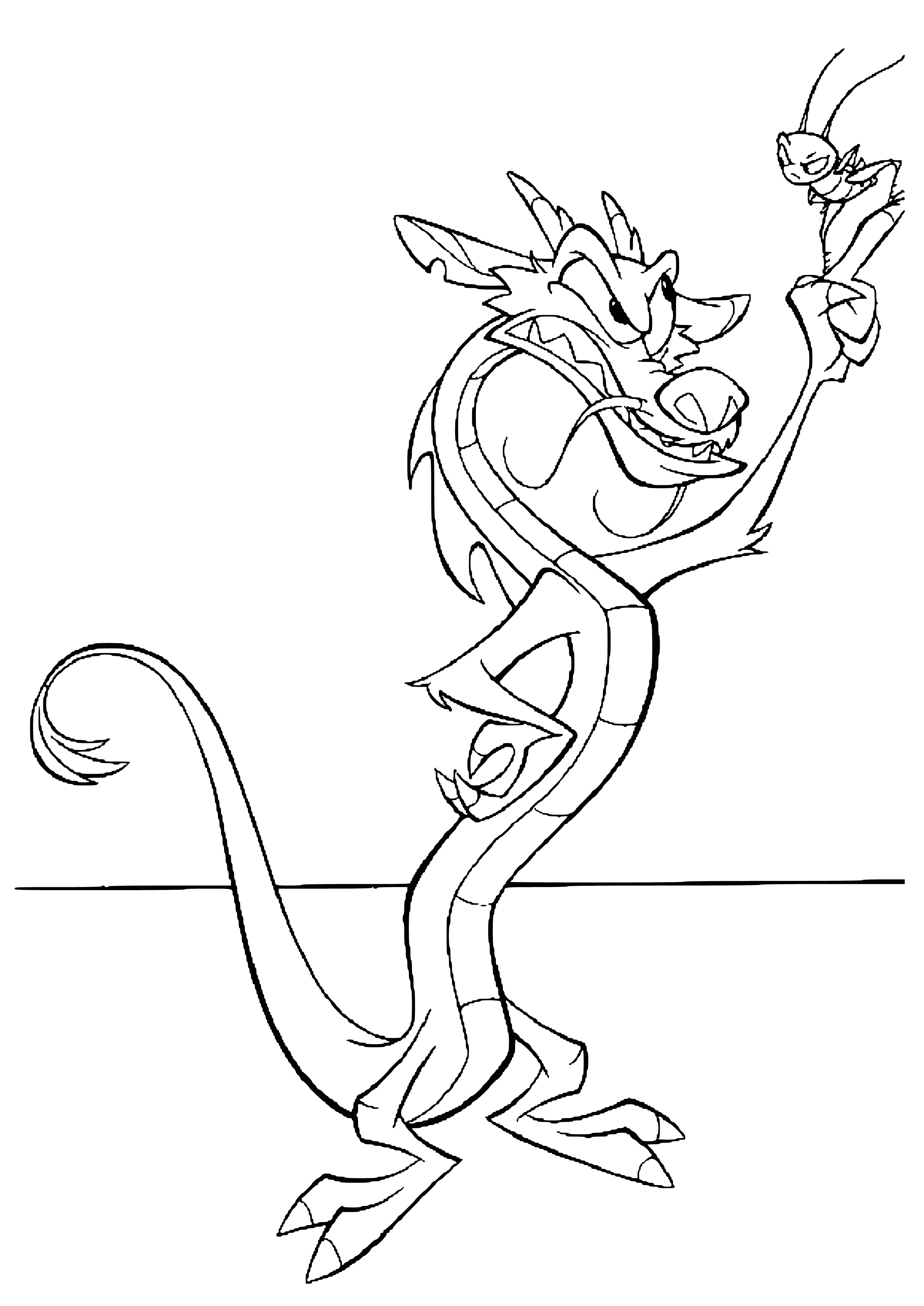 coloring page: A large orange dragon & small brown cricket interact on the coloring page. Cricket stands on dragon's head & is talking to it.