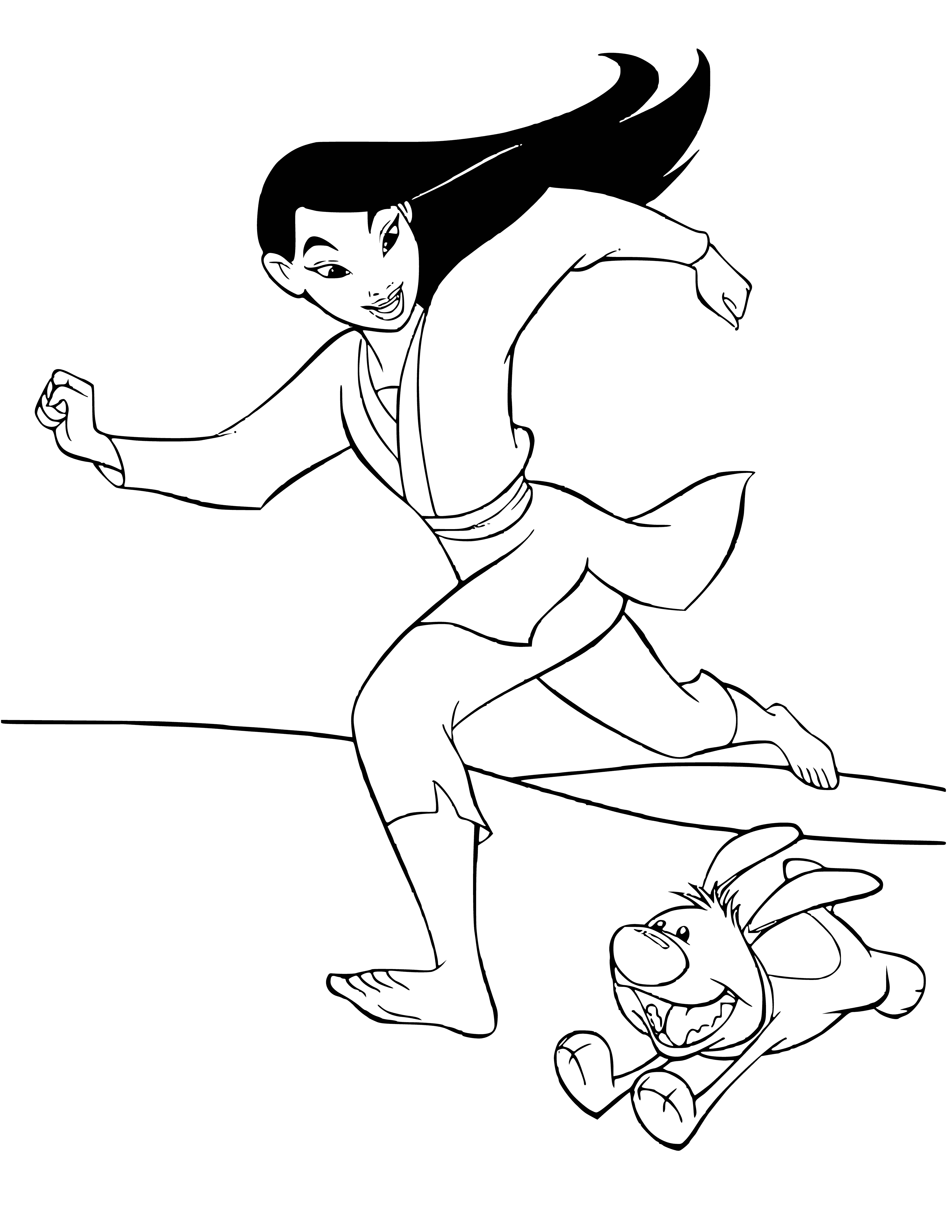coloring page: Mulan runs through a grassy area in traditional Chinese clothing (red top & pants) with her hair in a bun, determined. #Mulan