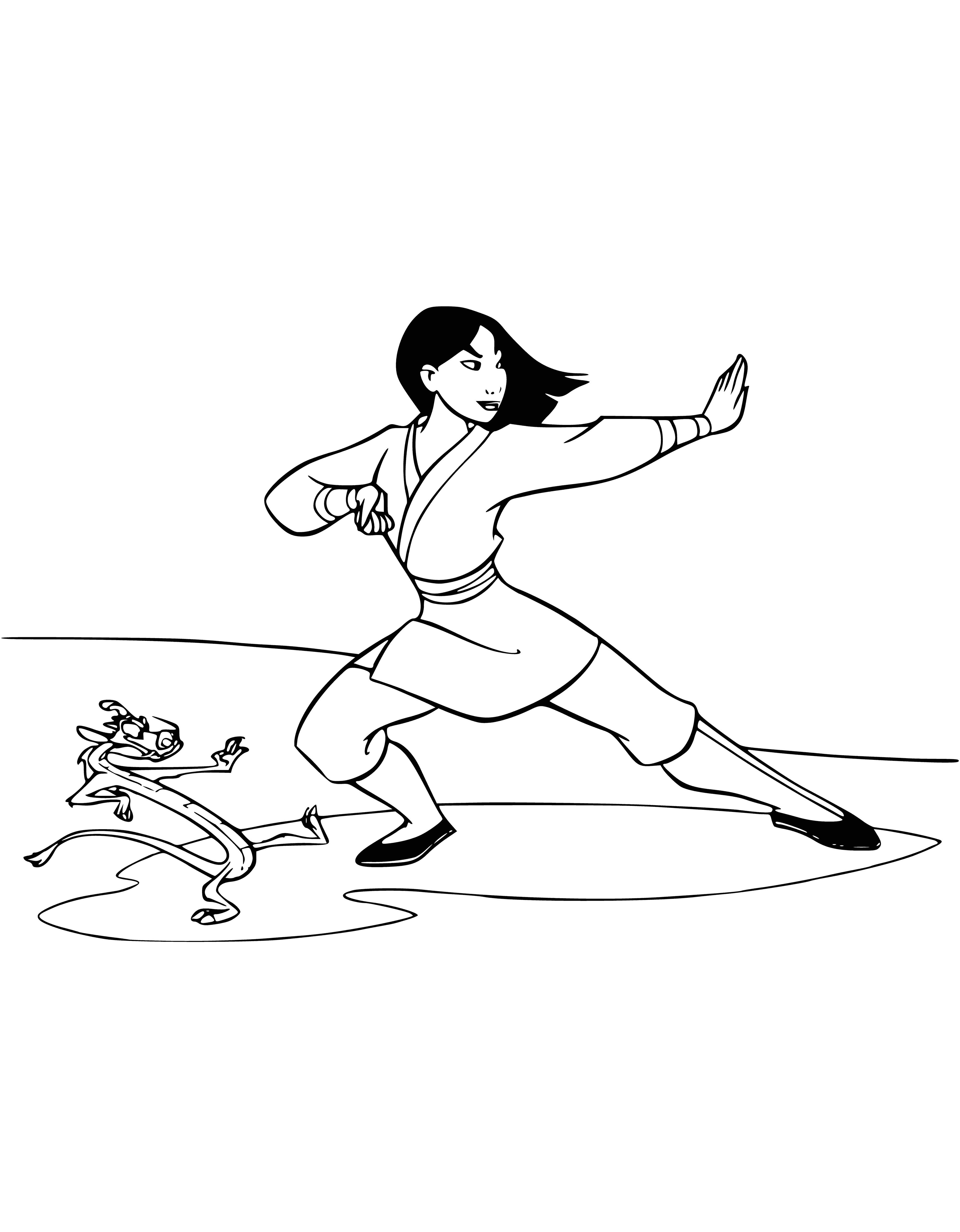 coloring page: Mulan holds Mushu, blade at feet, horse ready to ride as she prepares to face her destiny. #Disney #Mulan