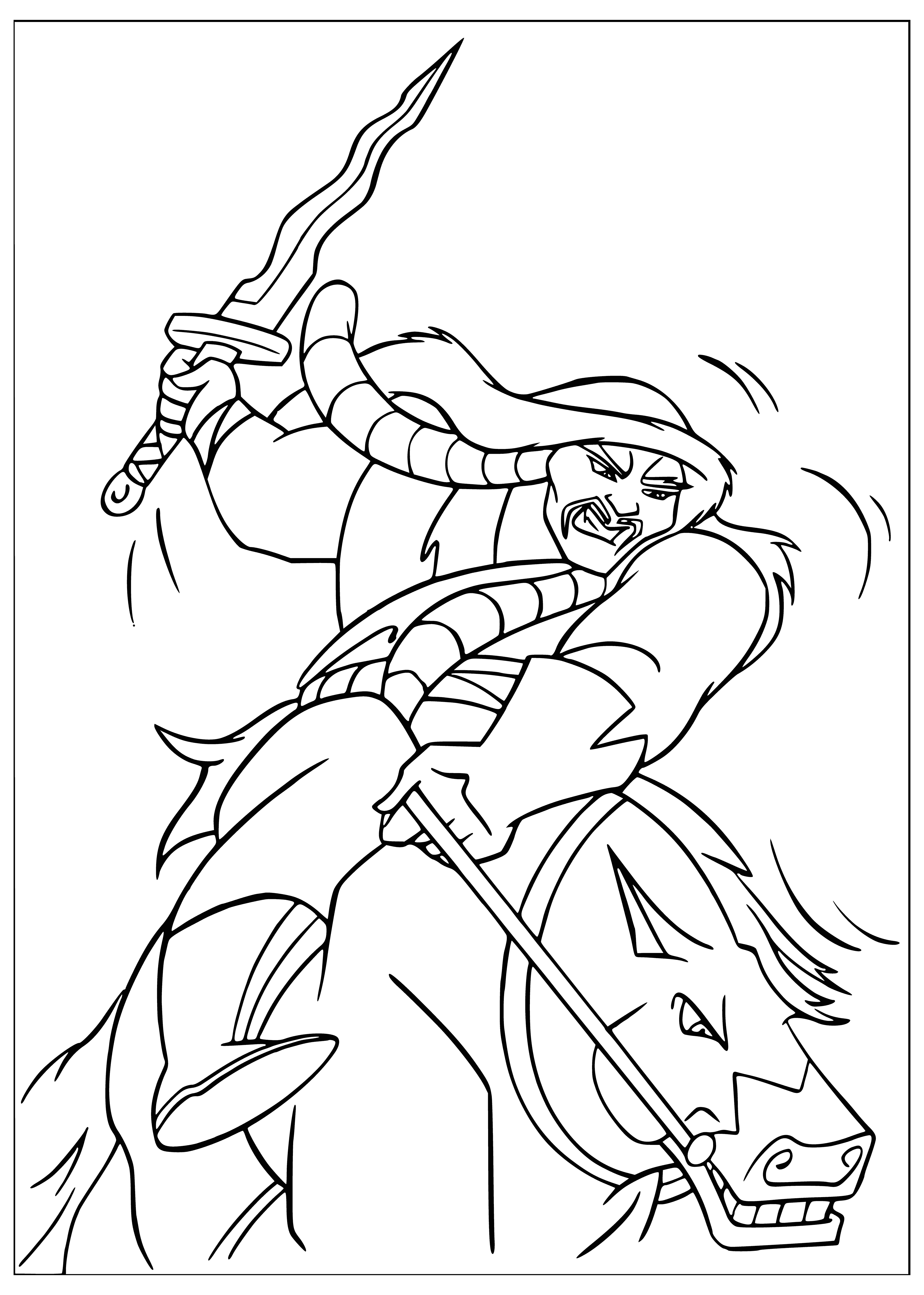coloring page: Man in armor, poss. Shan-Yu, giving speech to men on horses. Sword strapped to his side.