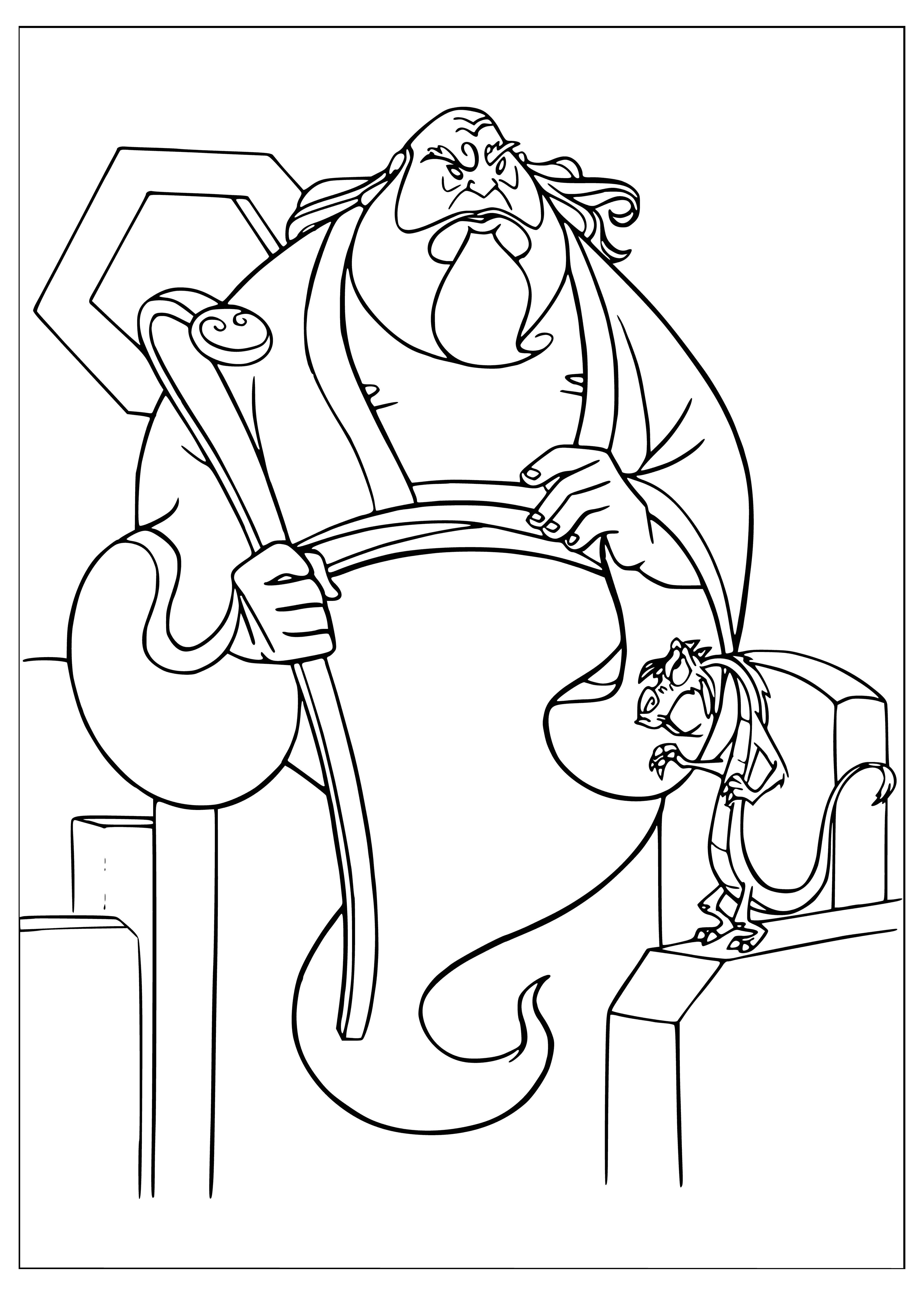 coloring page: Carved wooden statue of woman in Chinese dress, arms raised in air with serene expression. One foot atop a stone in stylized pose.