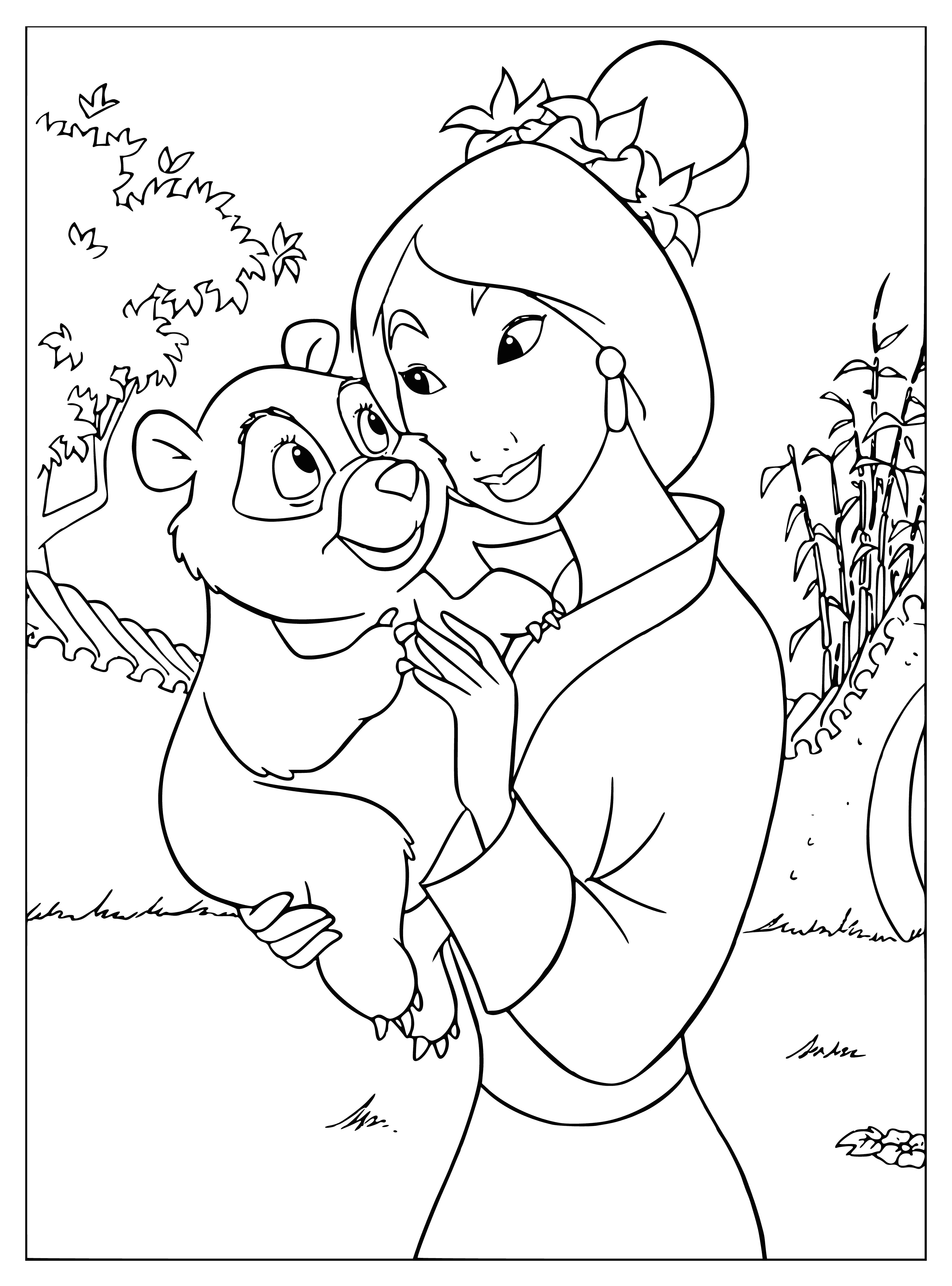 coloring page: Mulan stands among a giant panda in Chinese attire with sword in hand, ready for battle.
