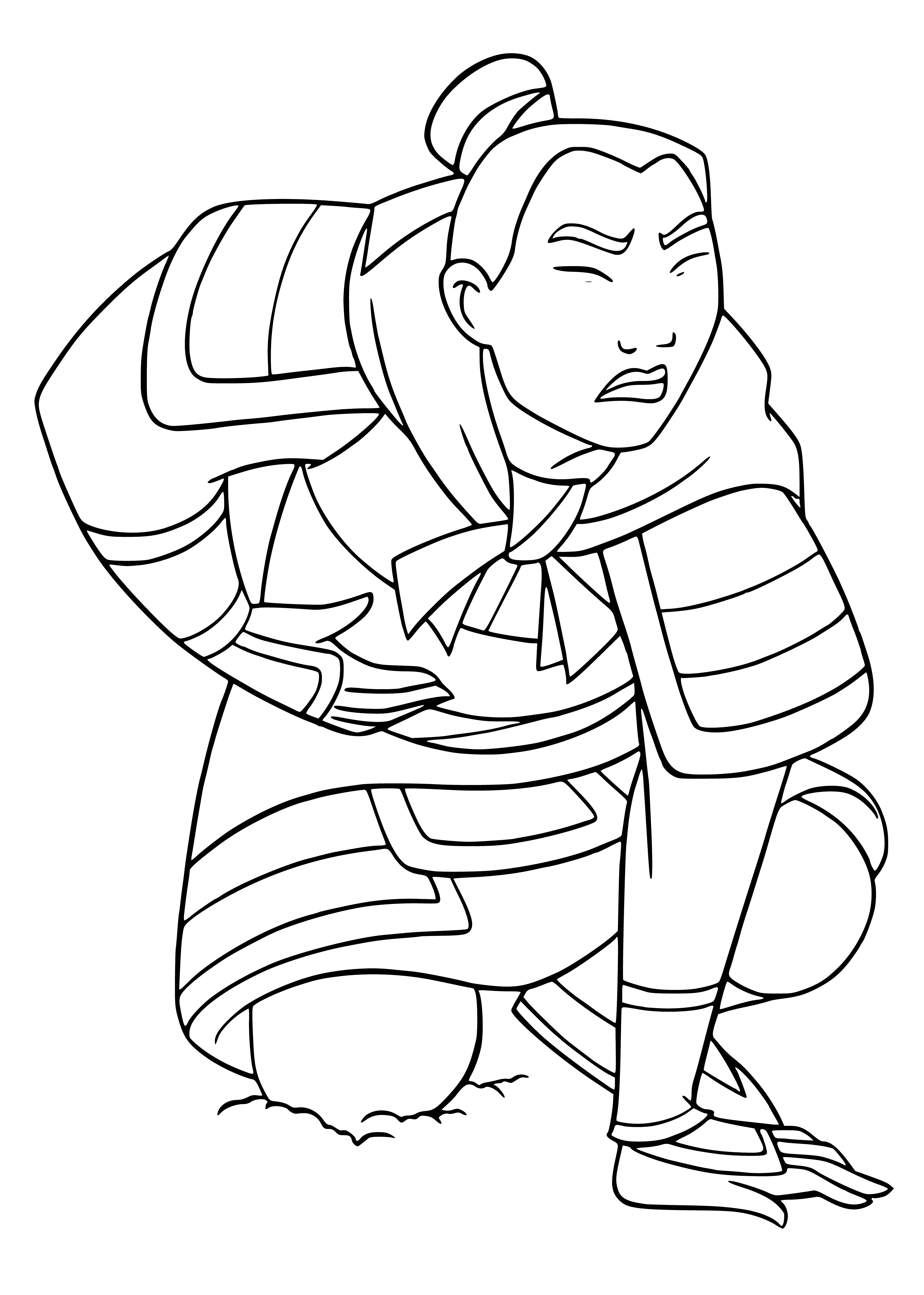 coloring page: → Mulan stands before a tree, wounded, pale, and in pain.