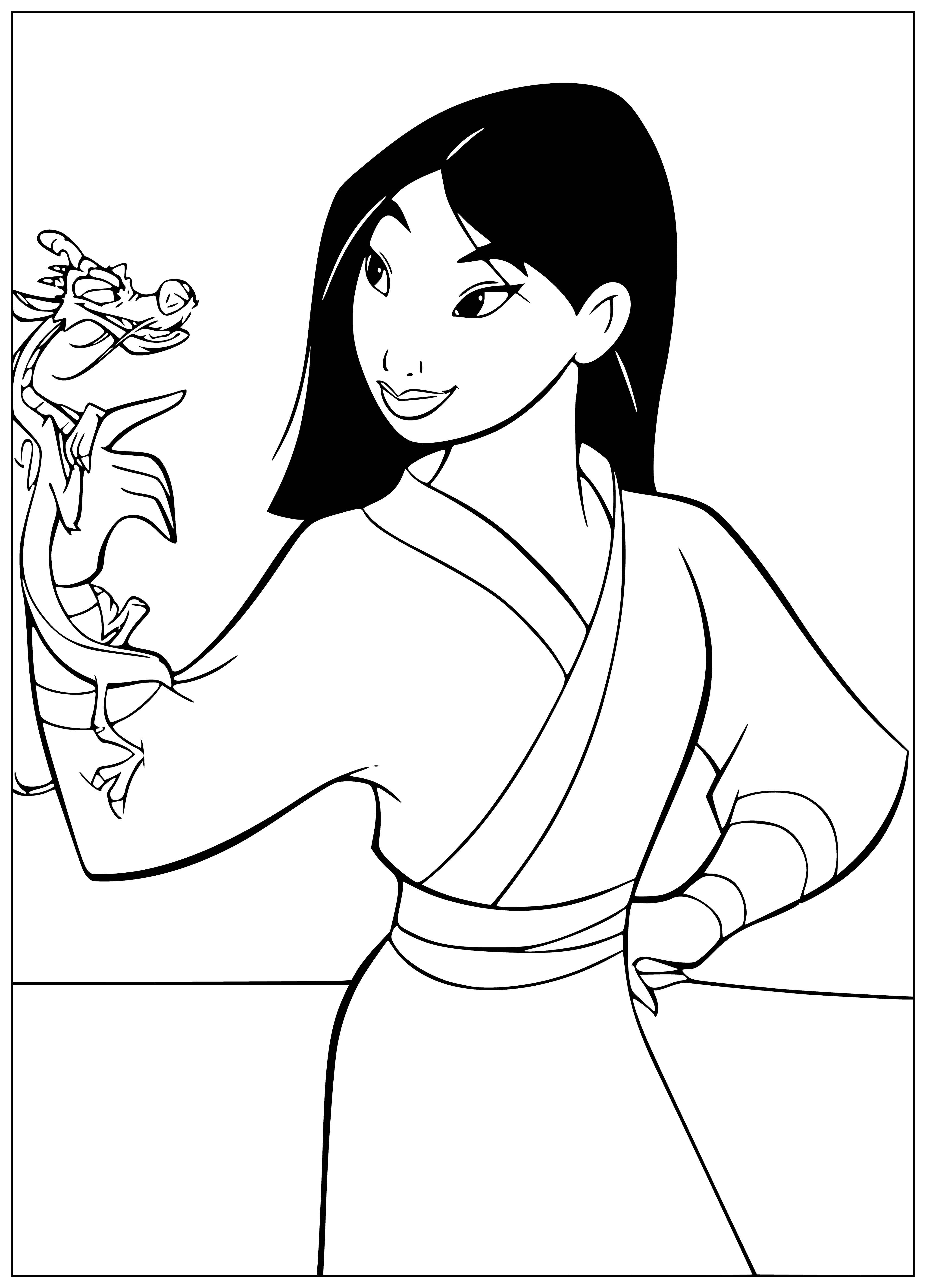 coloring page: Mulan and Mushu stand outside a large building, both serious, with Mushu holding a bag.