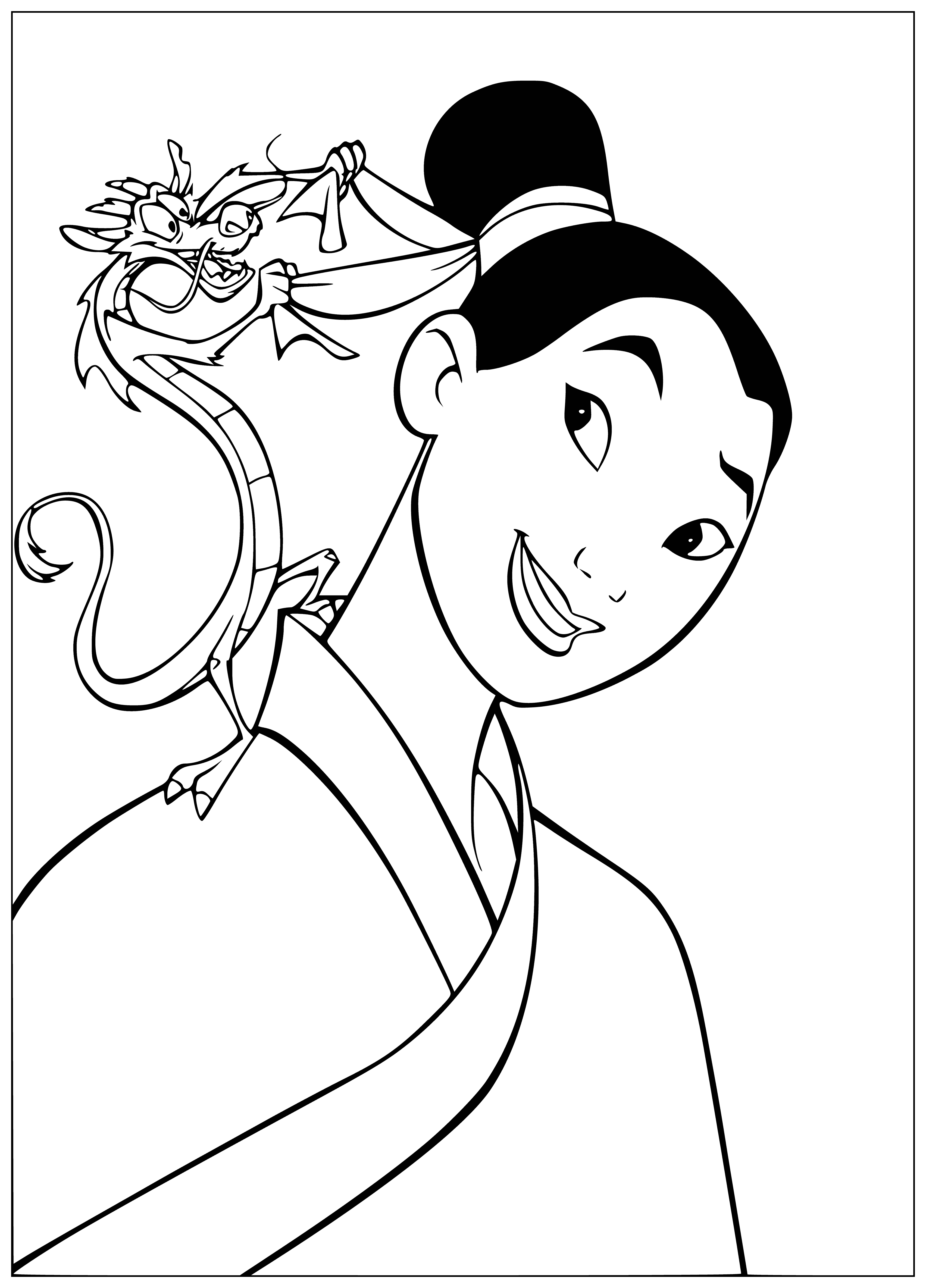 coloring page: A woman in armor with a sword, shield and ponytail, standing before a mountain.