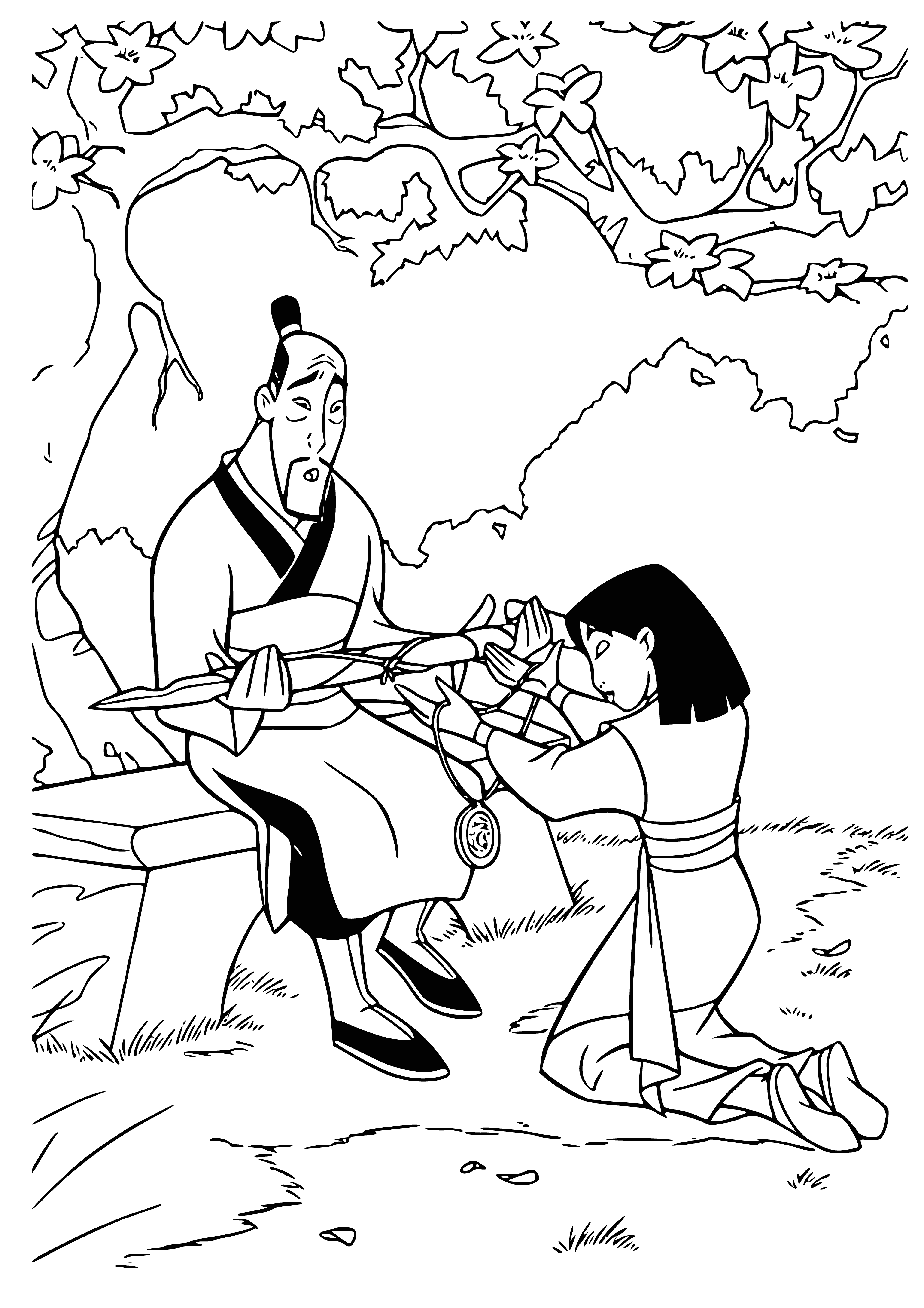 coloring page: Mulan sacrifices her own honor to save her father's, giving him her sword and taking his place in battle.