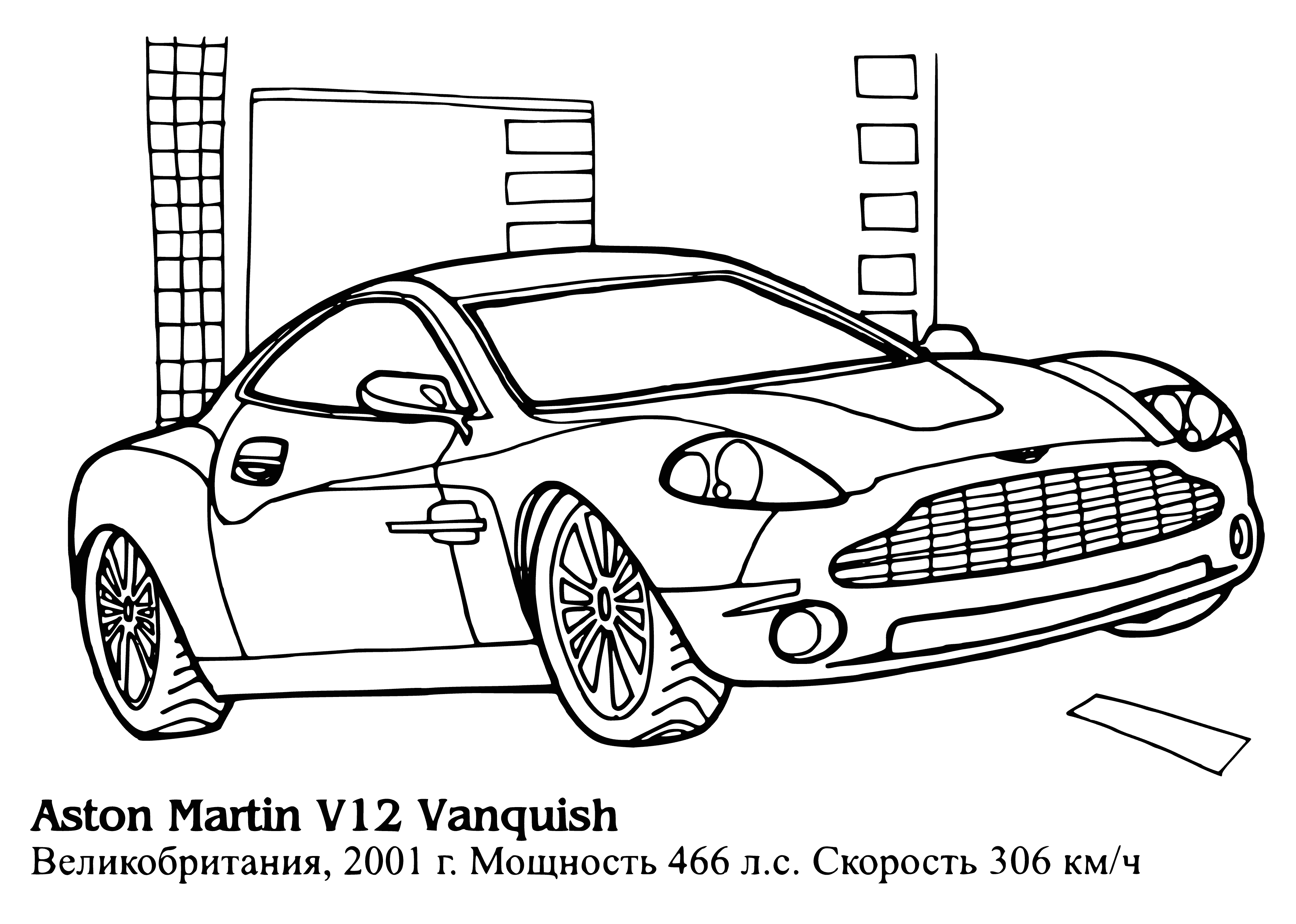 coloring page: Grand tourer: Aston Martin V12 Vanquish (2001-2005), two-door, two-seater, designed by Ian Callum; unveiled at 2001 Geneva Motor Show, replacing Virage.