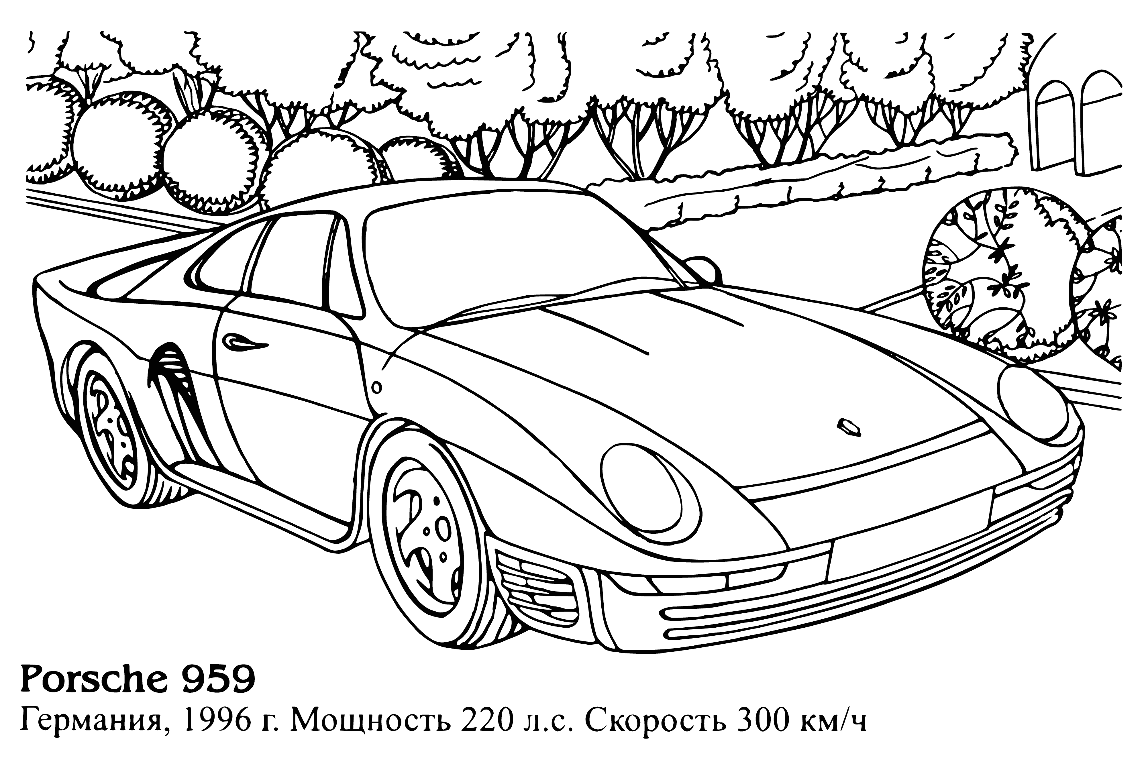 coloring page: A sleek Porsche 959 with red body and black/white stripes. Spoilers and Porsche logo make it a classic. Sitting on a black/white checkered floor.