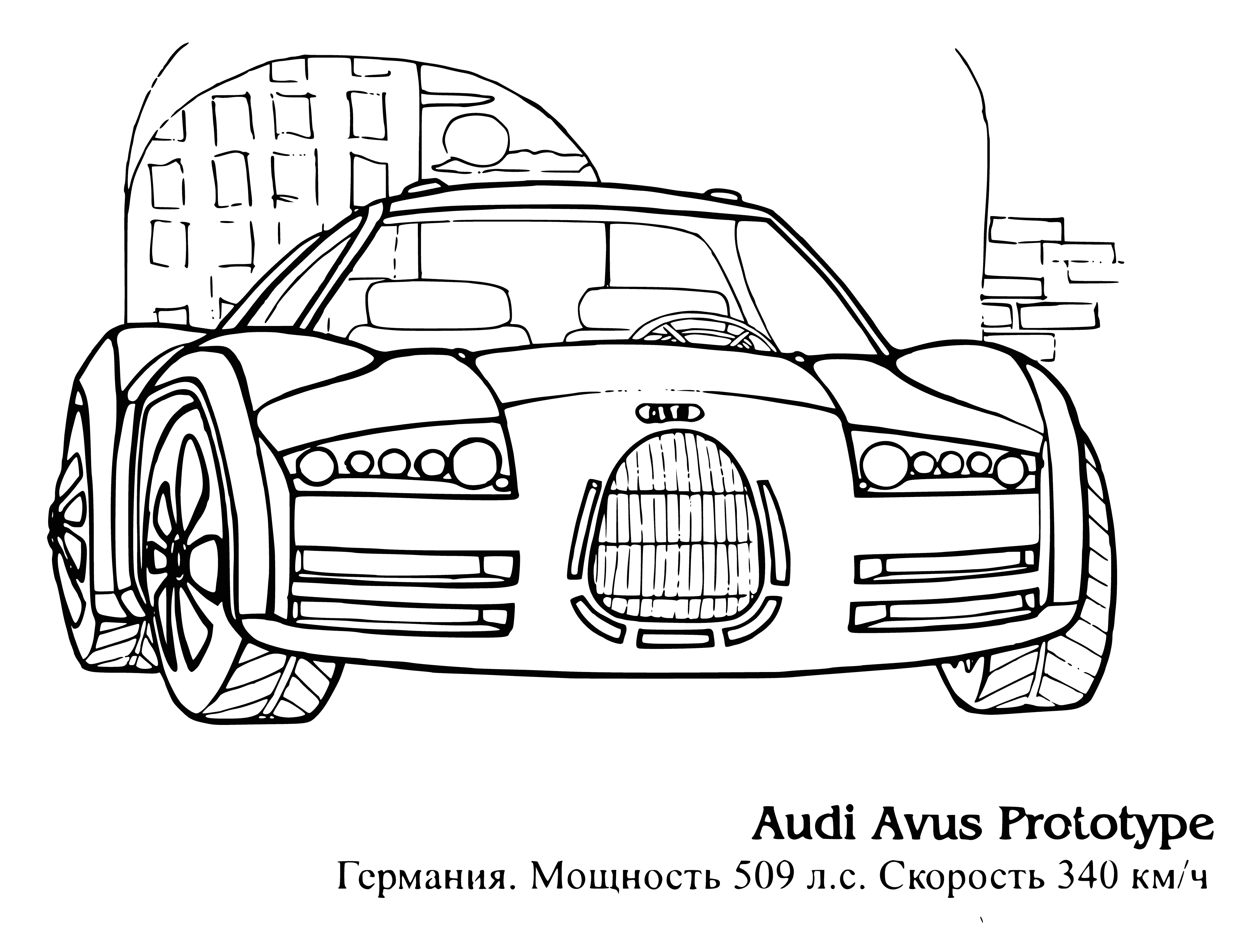 coloring page: Audi Grandfather Prototype is a two-seater sports car with a long hood and short rear, white/black color, chrome bumpers/side mirrors, black grille/Audi logo, and black alloy wheels.