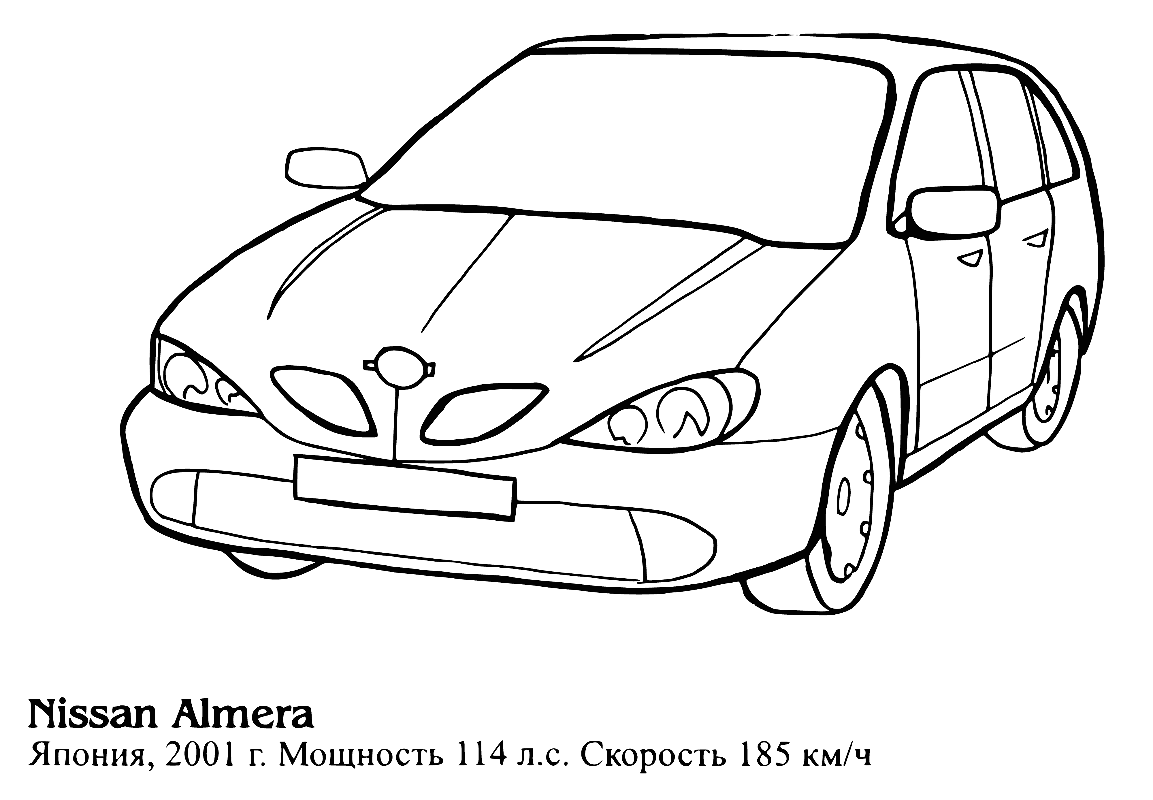 coloring page: Nissan Almera: silver car w/black details, 5 doors, 4 visible in coloring page, windows slightly tinted.
