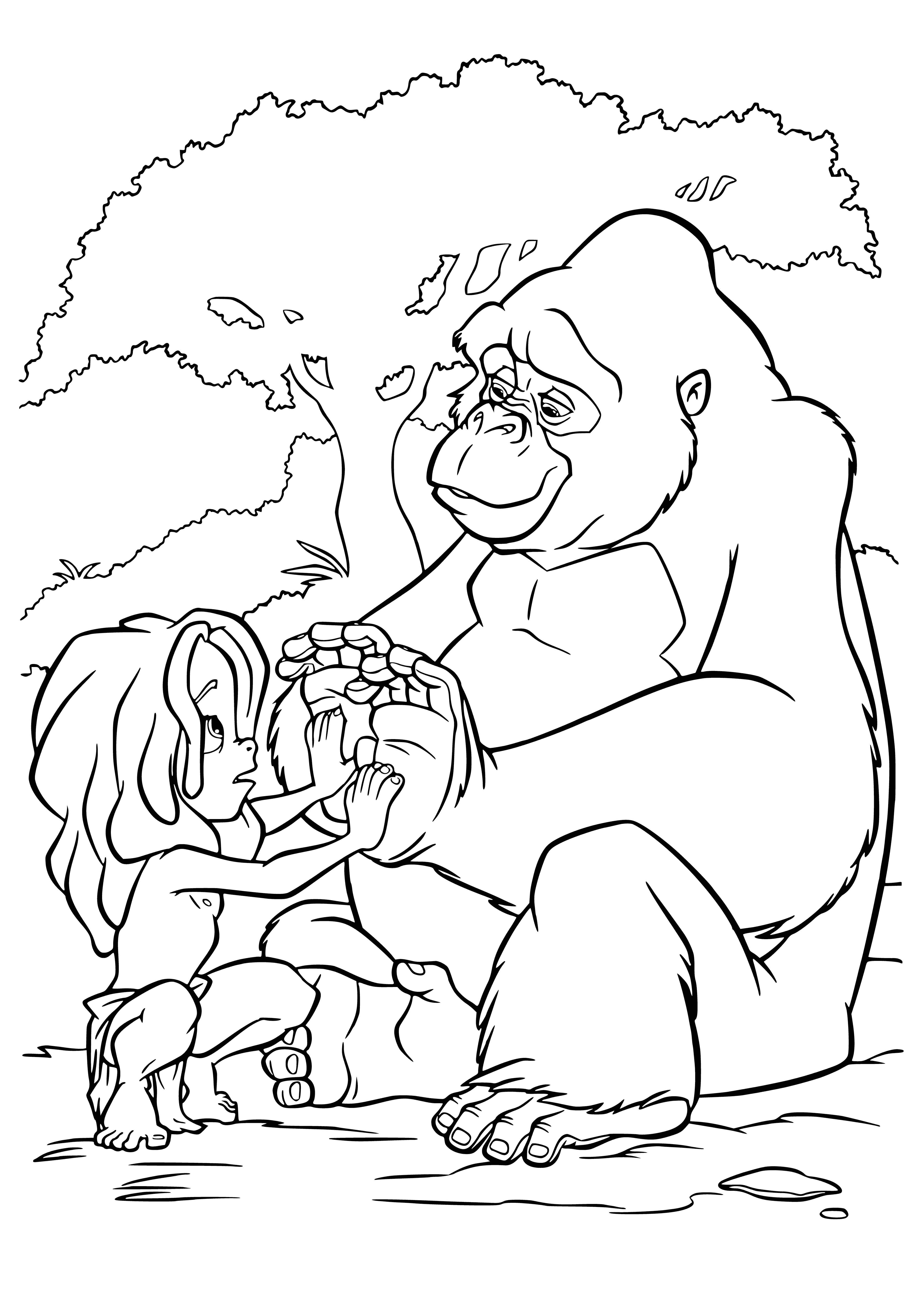 coloring page: A large, shirtless man is holding onto a rope around a small woman's waist, both looking in opposite directions.
