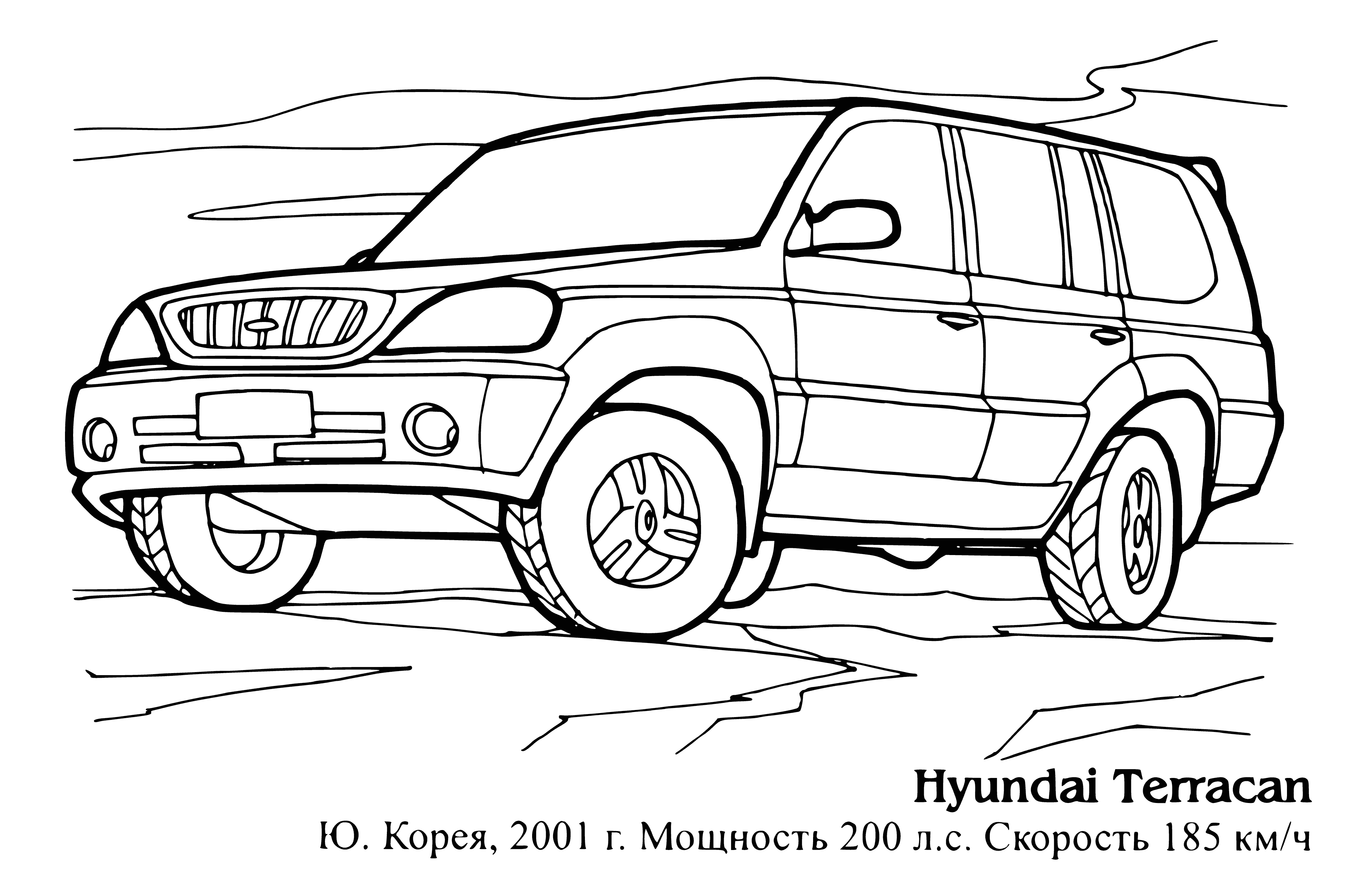coloring page: Sun shines on a blue Hyundai Terracan, parked on a hill, surrounded by trees & boasting 4 doors & a rear hatch.