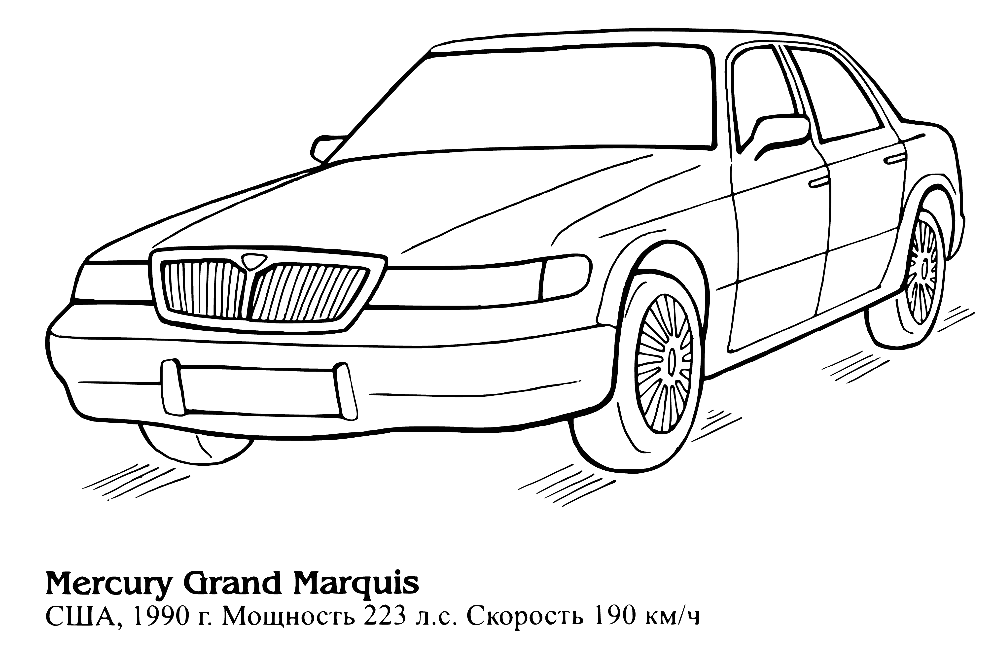 coloring page: Dark sedan with chrome details and open doors parked in driveway; light's on inside.