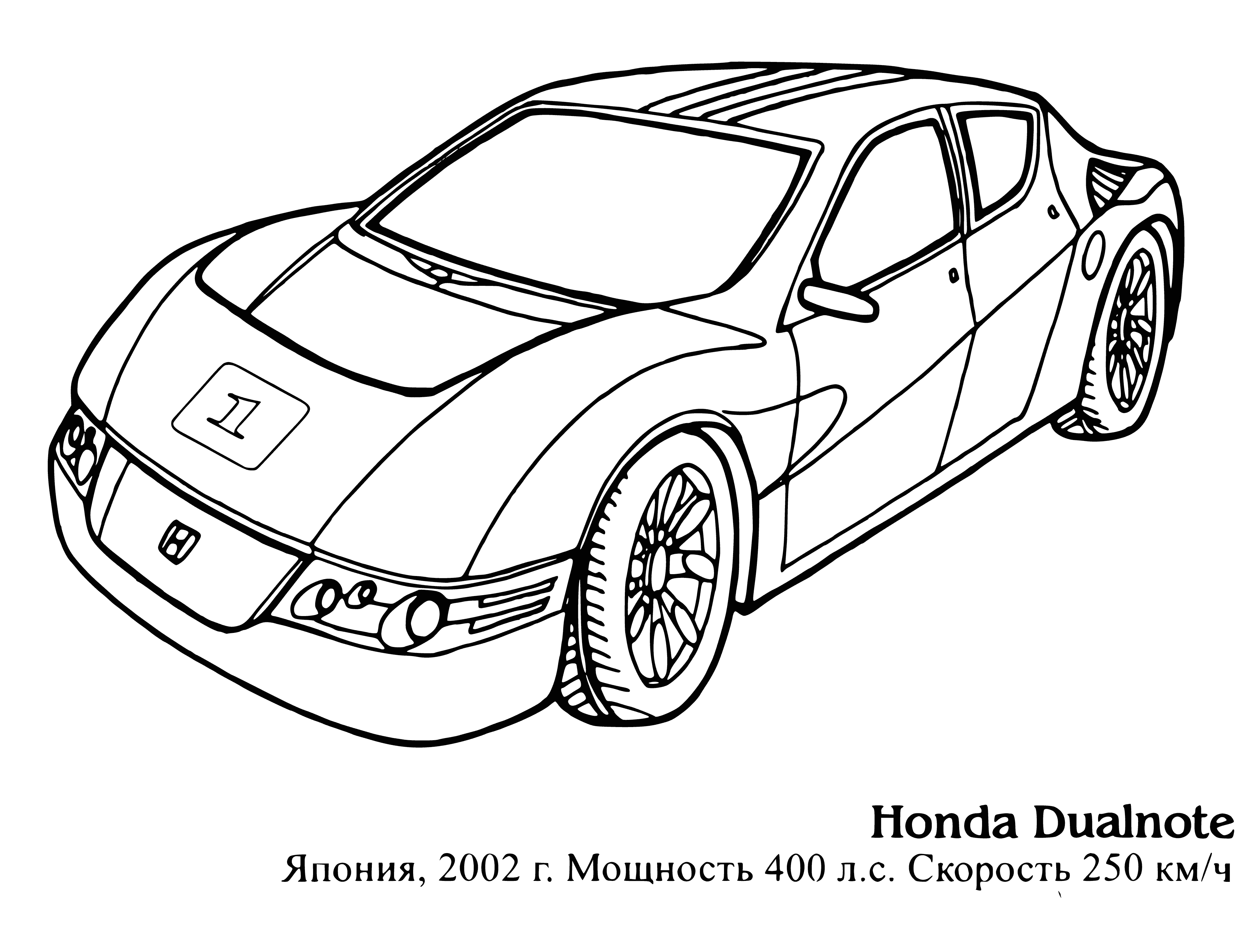 coloring page: Car is blue, white, and grey. Has 4 doors, driver inside; looks like a Honda Dualnote.