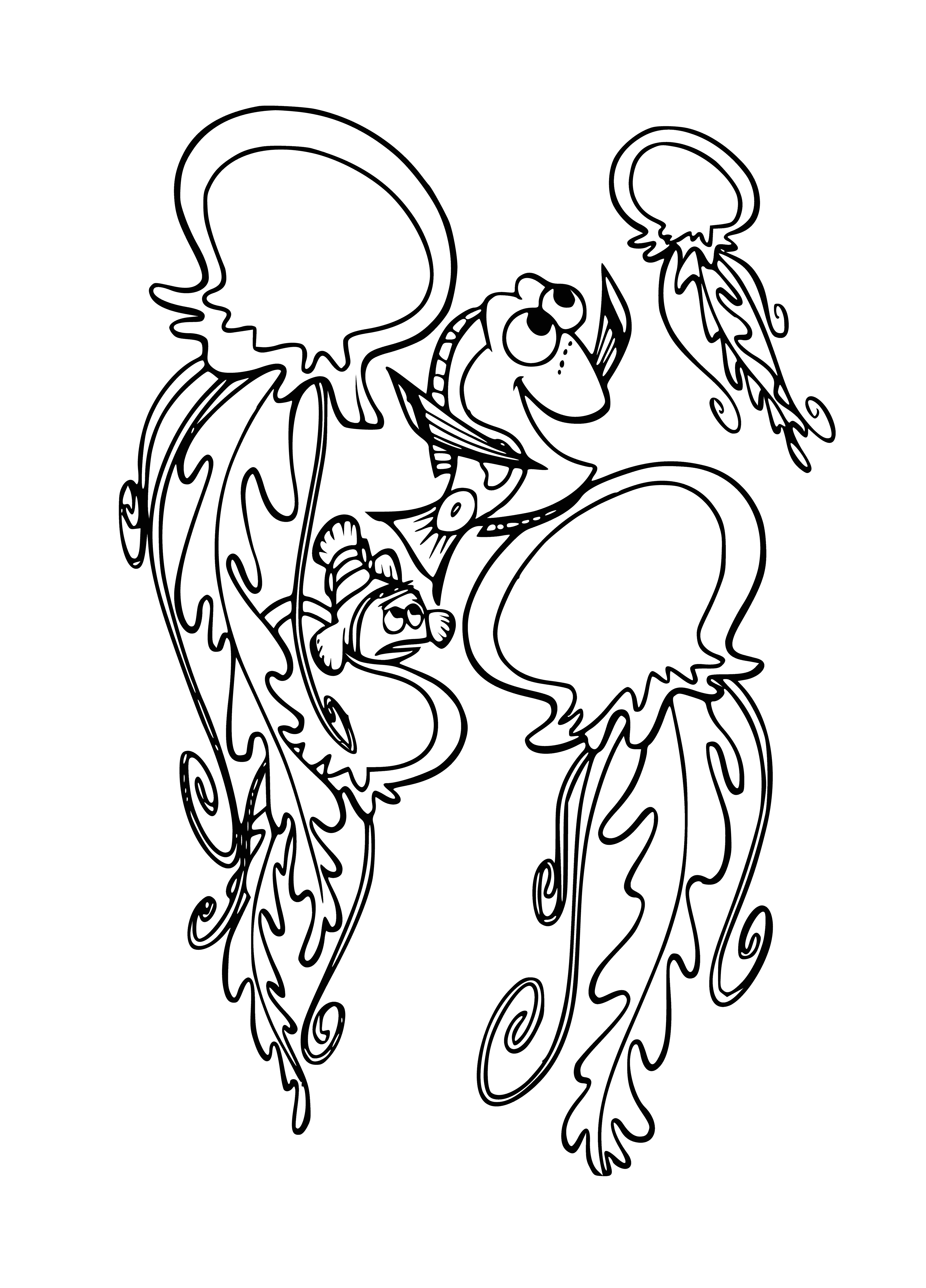 coloring page: School of jellyfish gracefully gliding through the open ocean, trailing their long tentacles behind them.