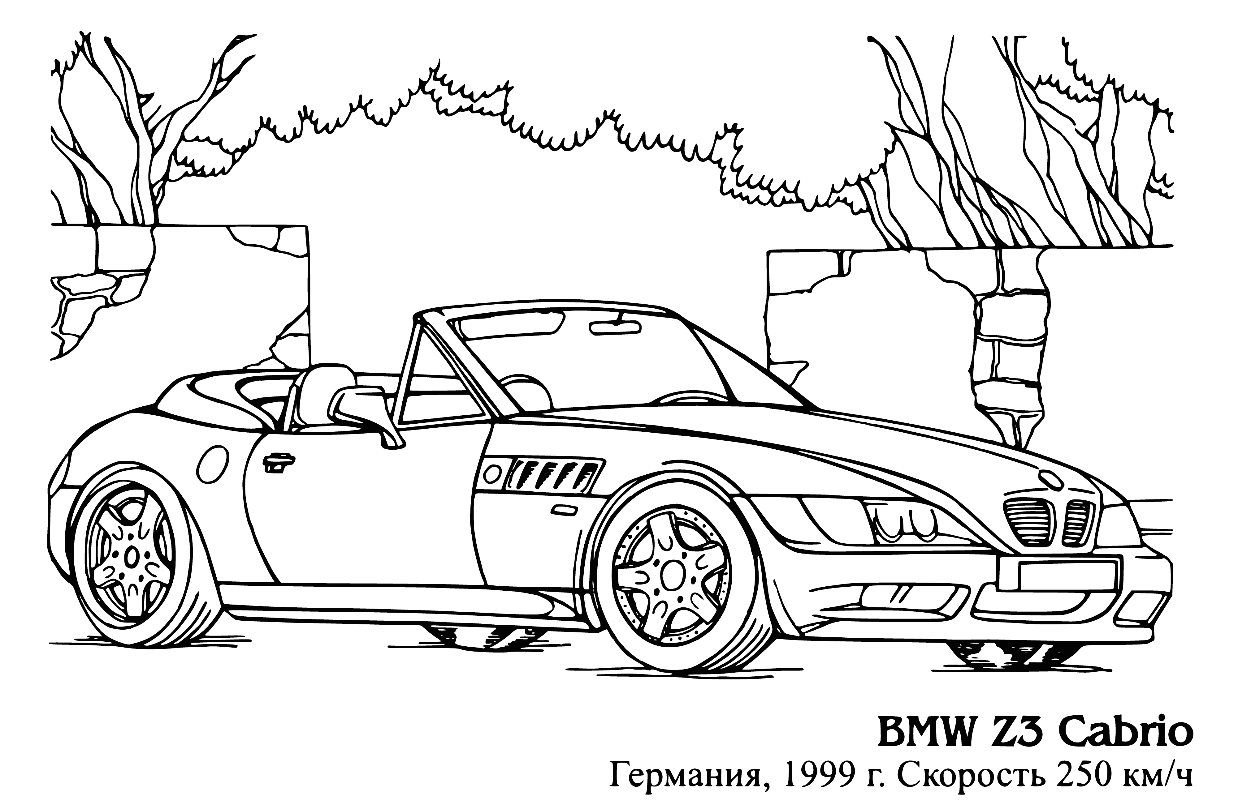 coloring page: Clorinling page of red convertible car with white stripes and black wheels. Chrome details make it stand out!