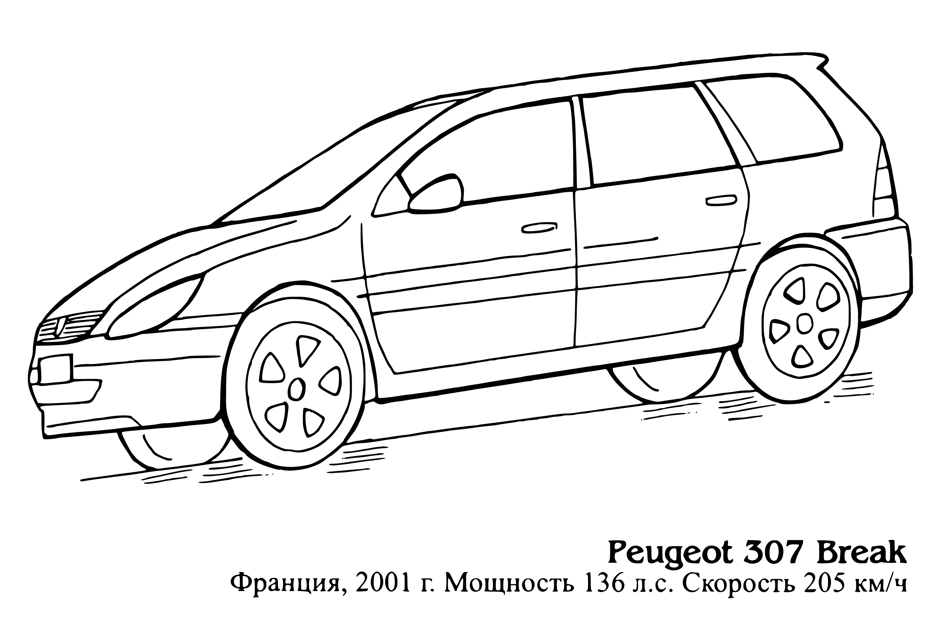 coloring page: Blue Peugeot 307 Break w/ 4 doors parked in front of bldg, windows tinted.