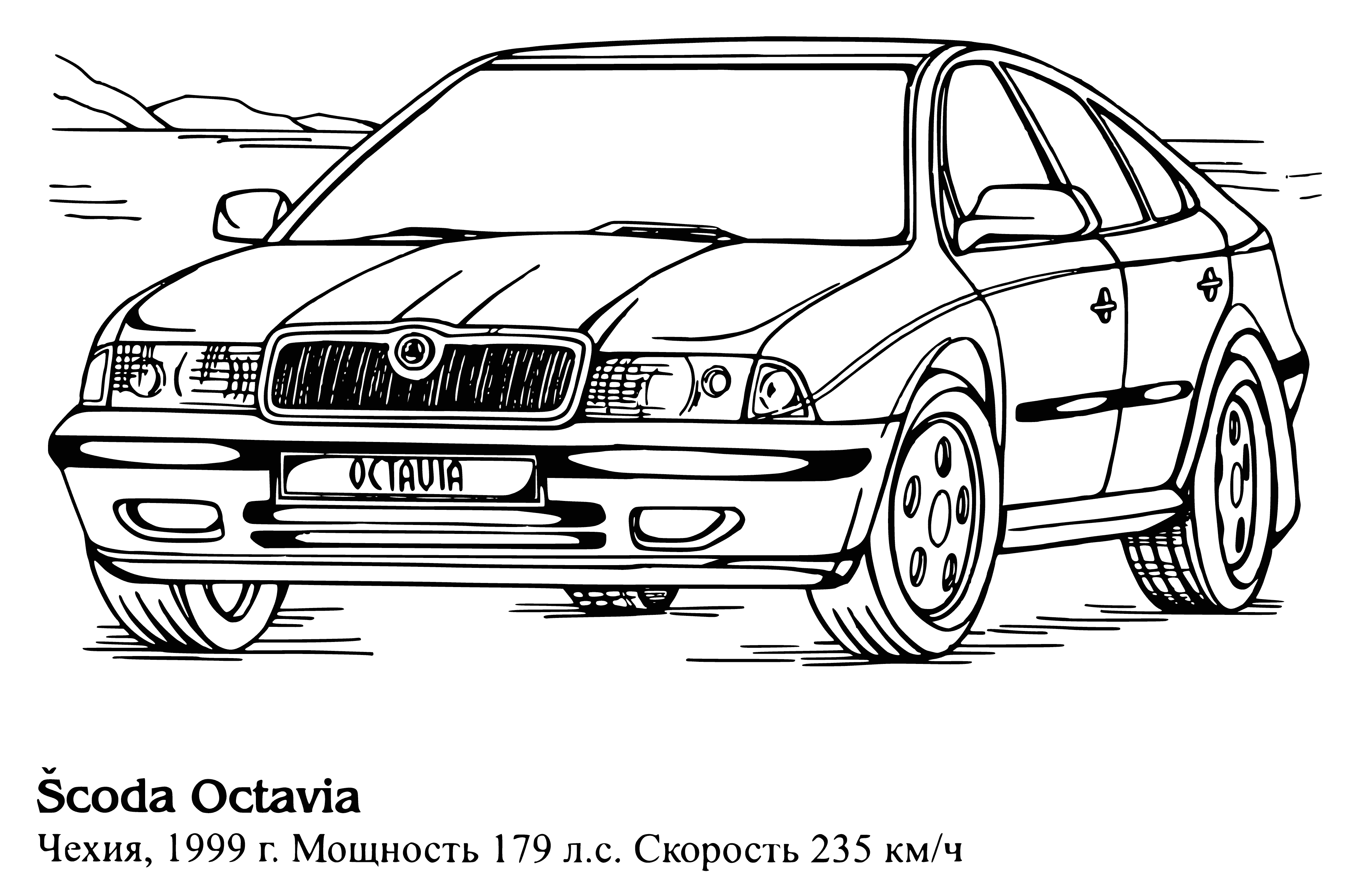 coloring page: Eye-catching white sedan with 'Scoda' logo and 'Octavia' written on rear. Four doors, tinted windows, fog lights on front.