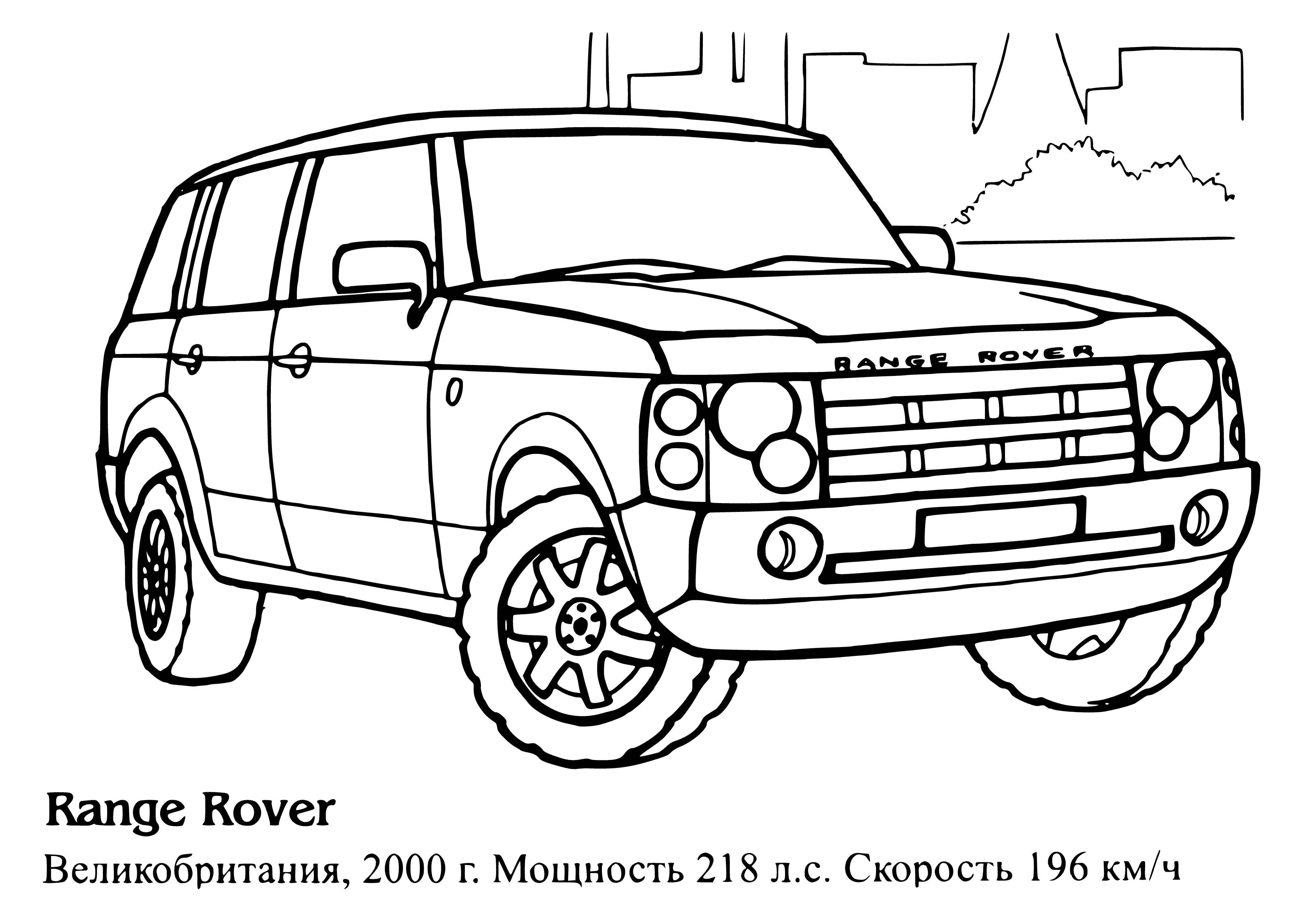 coloring page: Coloring page of four-door SUV w/ aluminum body, plastic sides, headlights, taillights, 4WD & AWD, V8 engine, top speed 170mph.