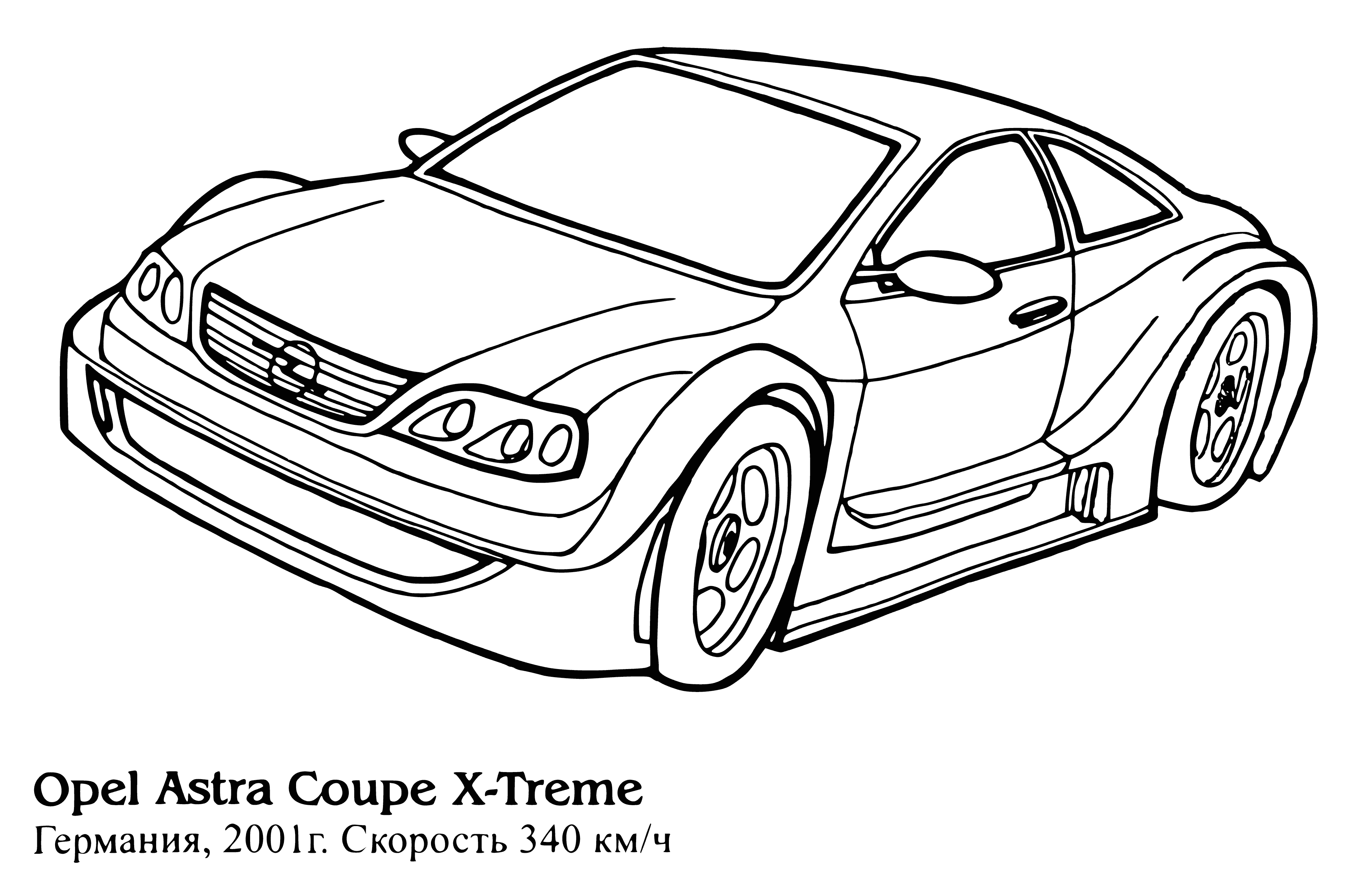 coloring page: Sleek blue Opel Astra Coupe X-Treme with two doors & spoiler, driving down a road. In great condition & looks brand new.