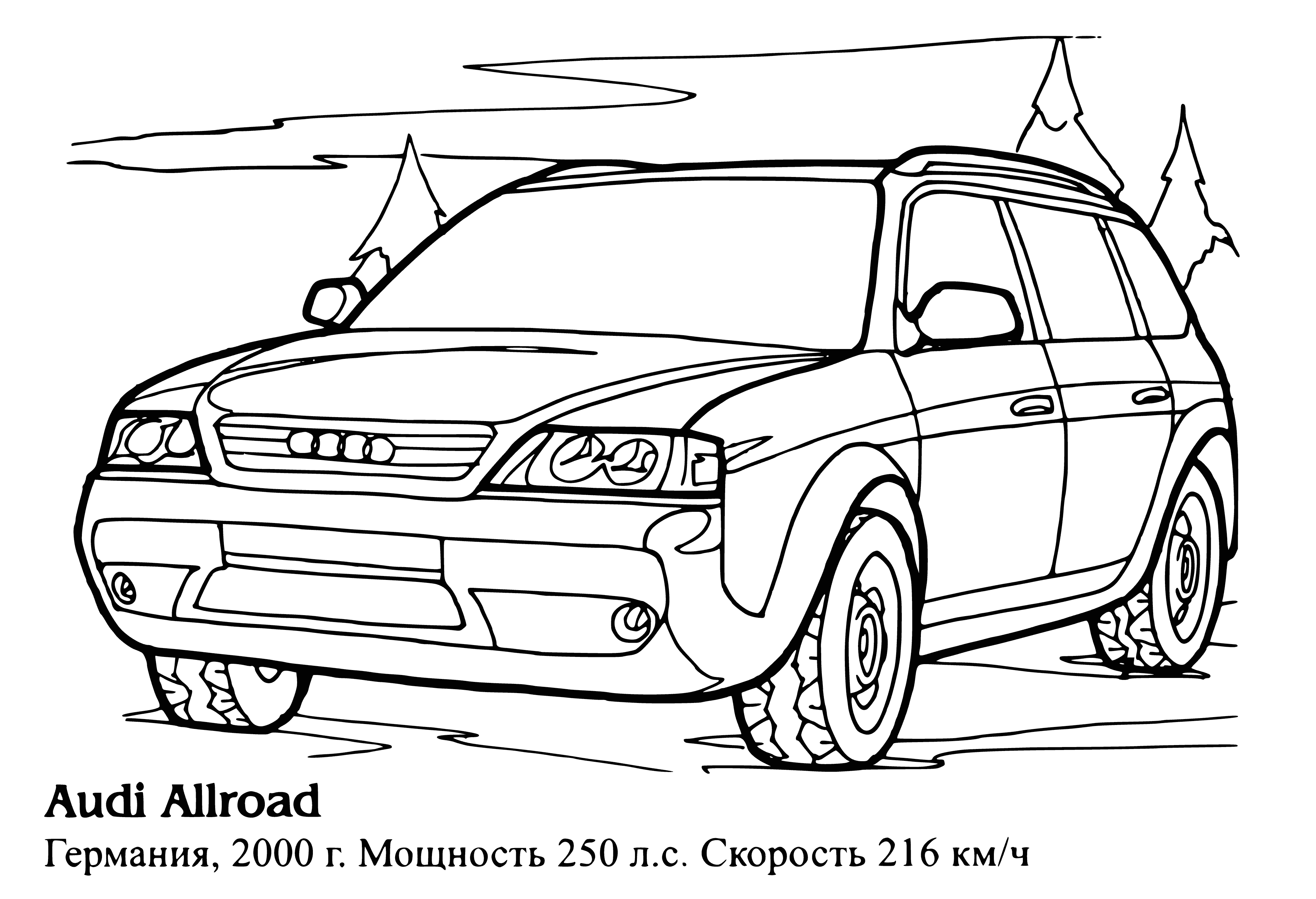 coloring page: Audi's Allroad is an all-wheel drive station wagon with raised suspension, sloping roofline, plastic cladding and a turbocharged 4-cylinder engine.