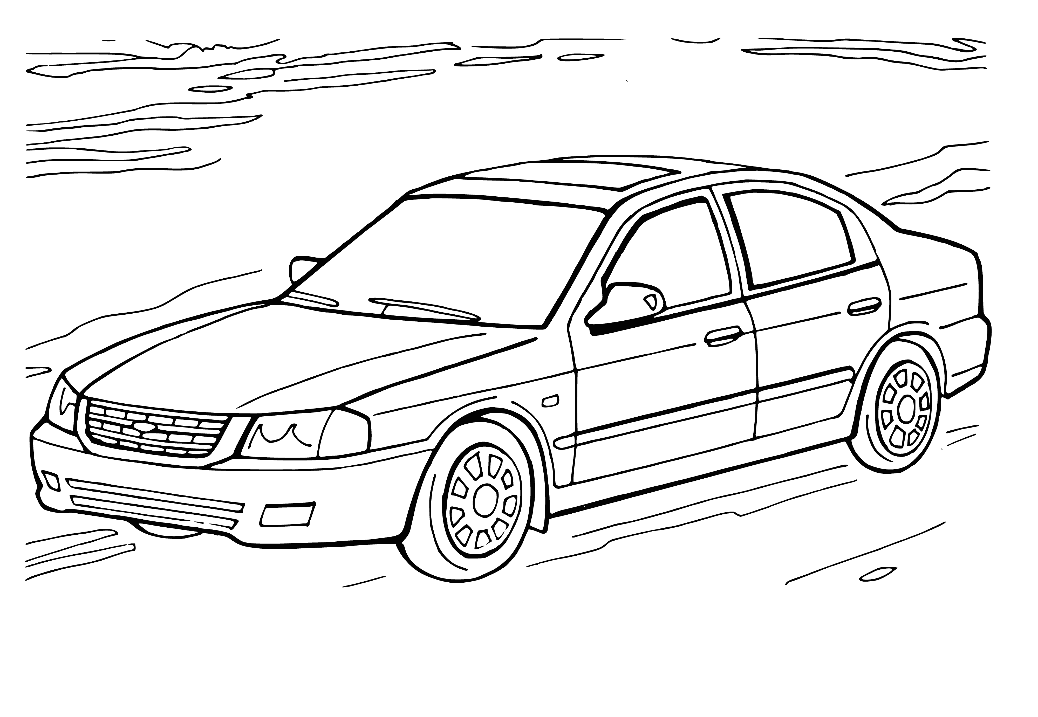 coloring page: Kia Magentis is a 4-door sedan seating 5 passengers & riding on 16-inch alloy wheels. It has a long nose, wide stance, short rear deck & body-color door handles & mirrors.