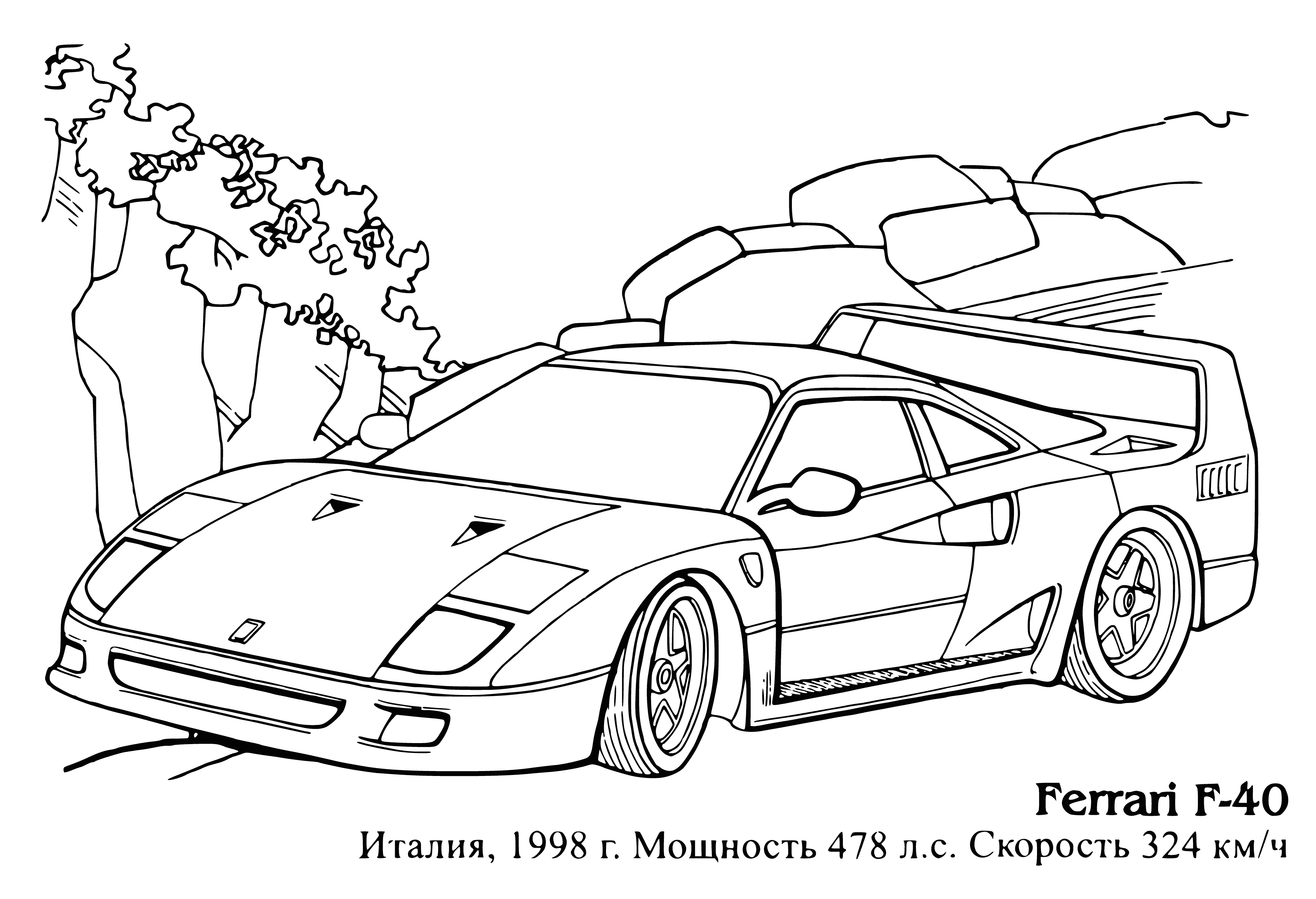 coloring page: Red sports car with two black racing stripes, a black spoiler, mesh grille, round, yellow headlights and Ferrari stickers. Aerodynamic and sleek!