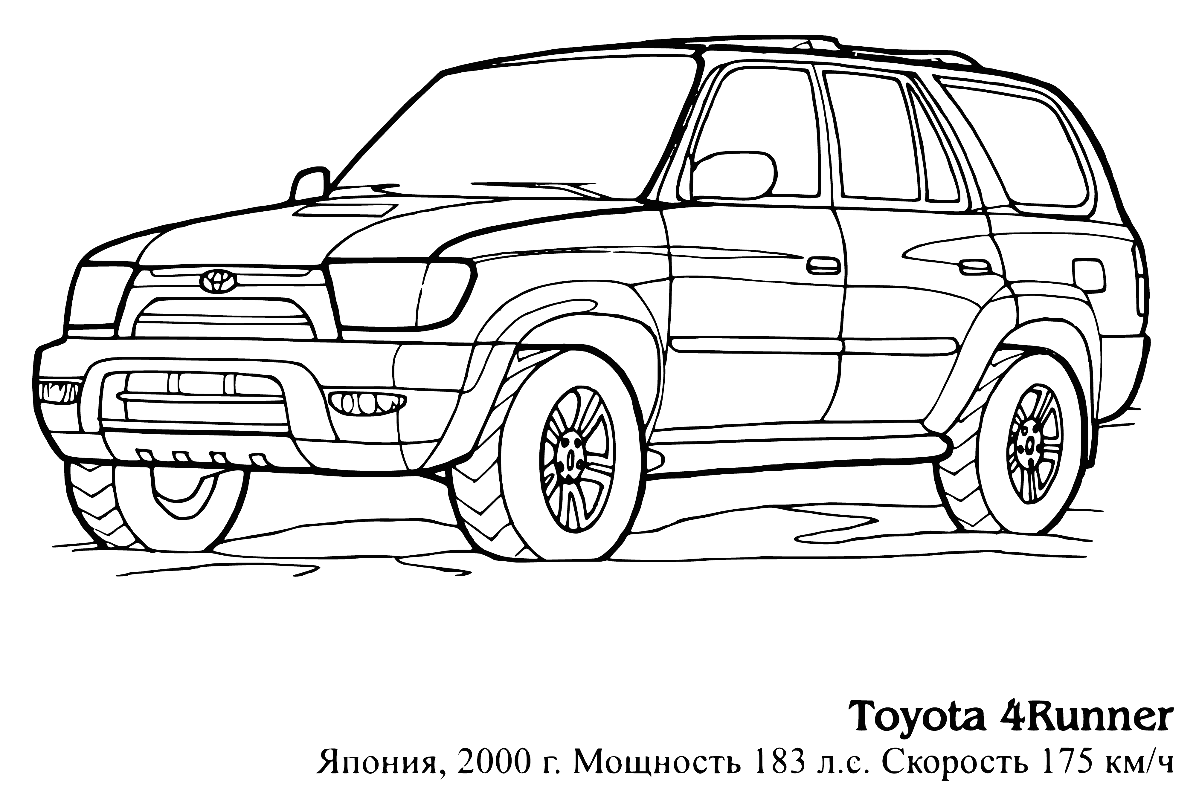 coloring page: The Toyota 4Runner is a sport utility vehicle with four doors and a V6 engine, available in RWD or 4WD.