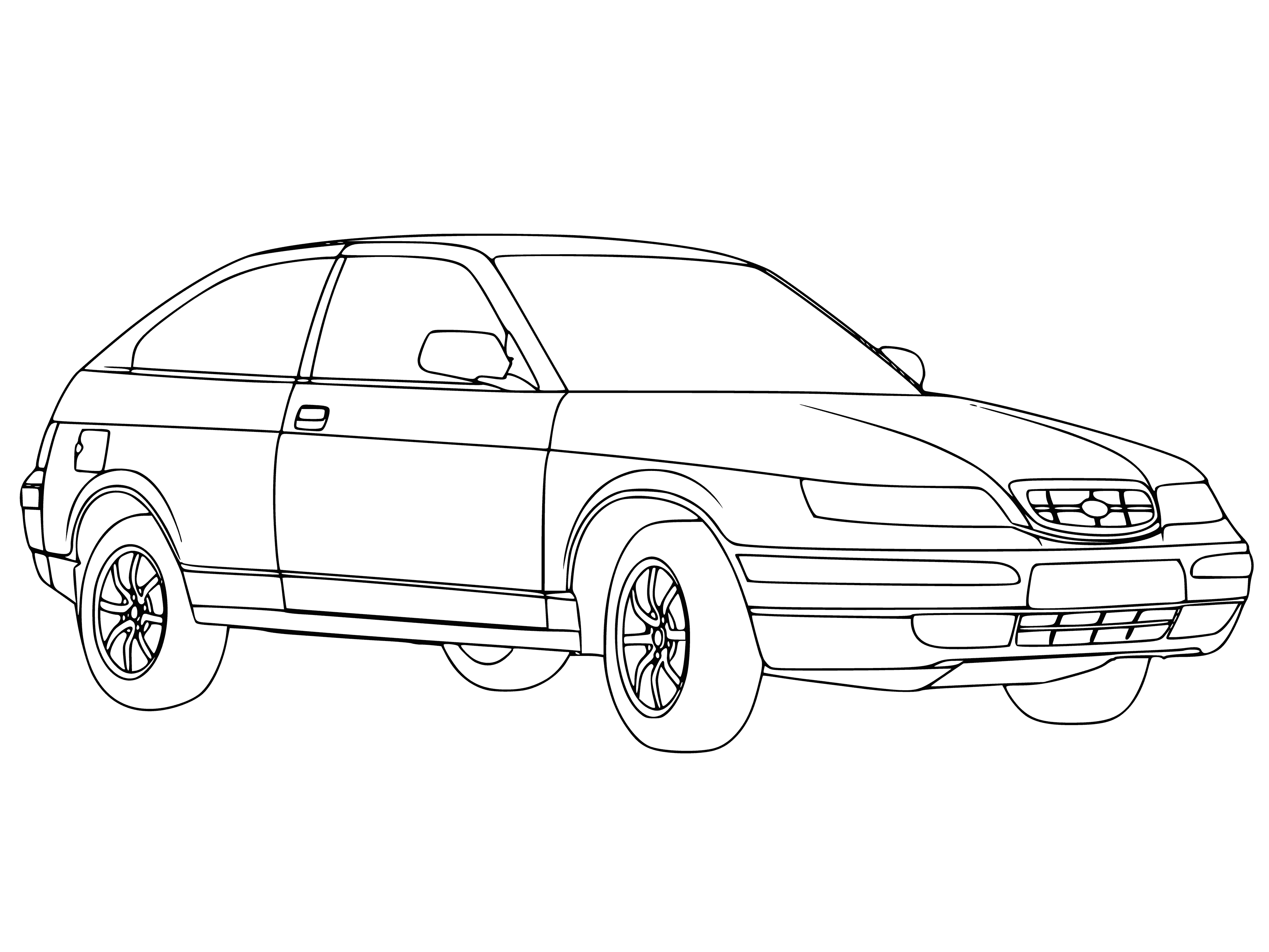 coloring page: White car with black roof parked on road besides building; 4 round headlights, large grille, 4 wheels, 4 doors.