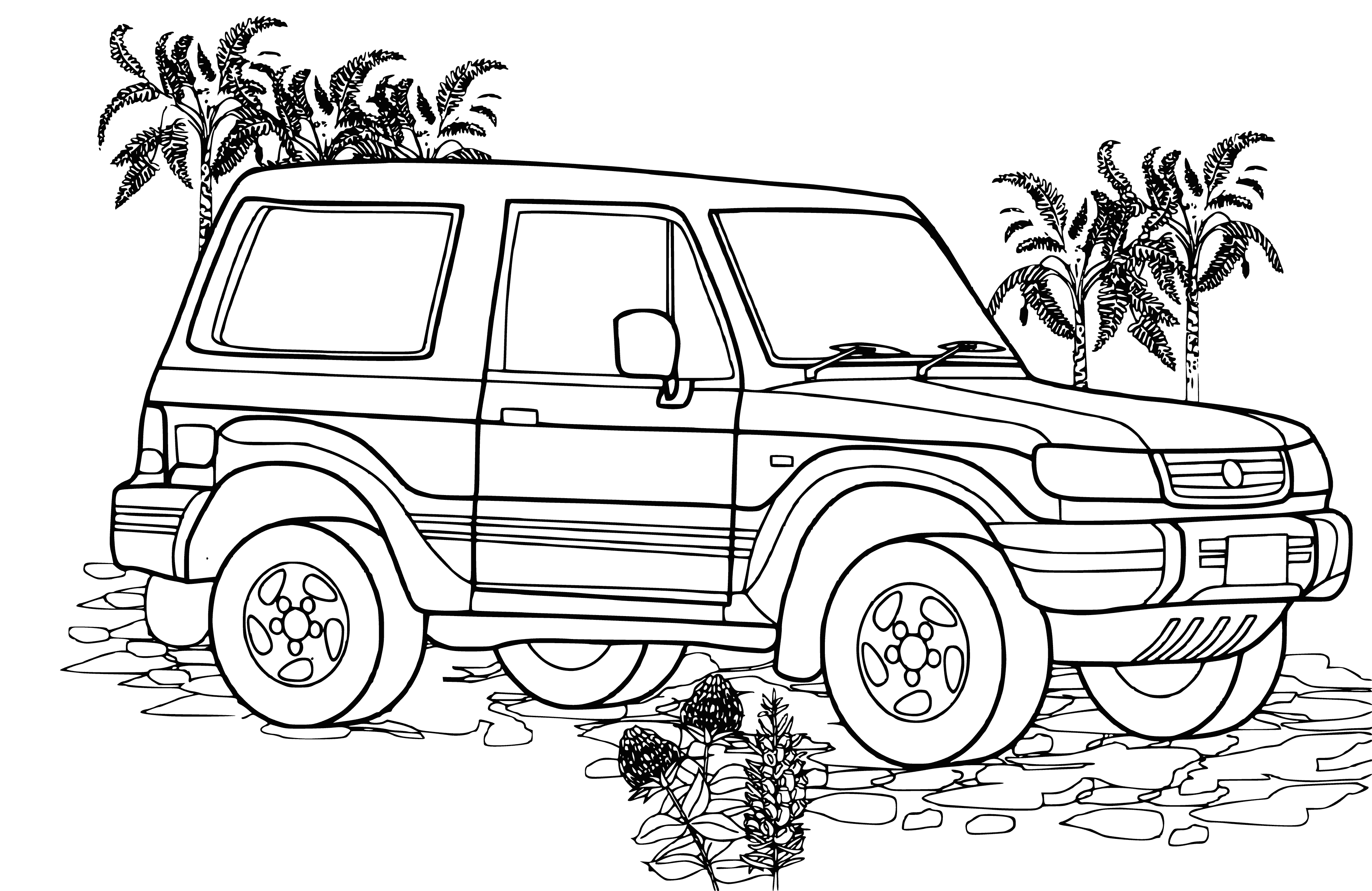 coloring page: Silver Hyundai Galloper SUV: large grille, blue accents, two rows of seats. "Hyundai Galloper" written on back.