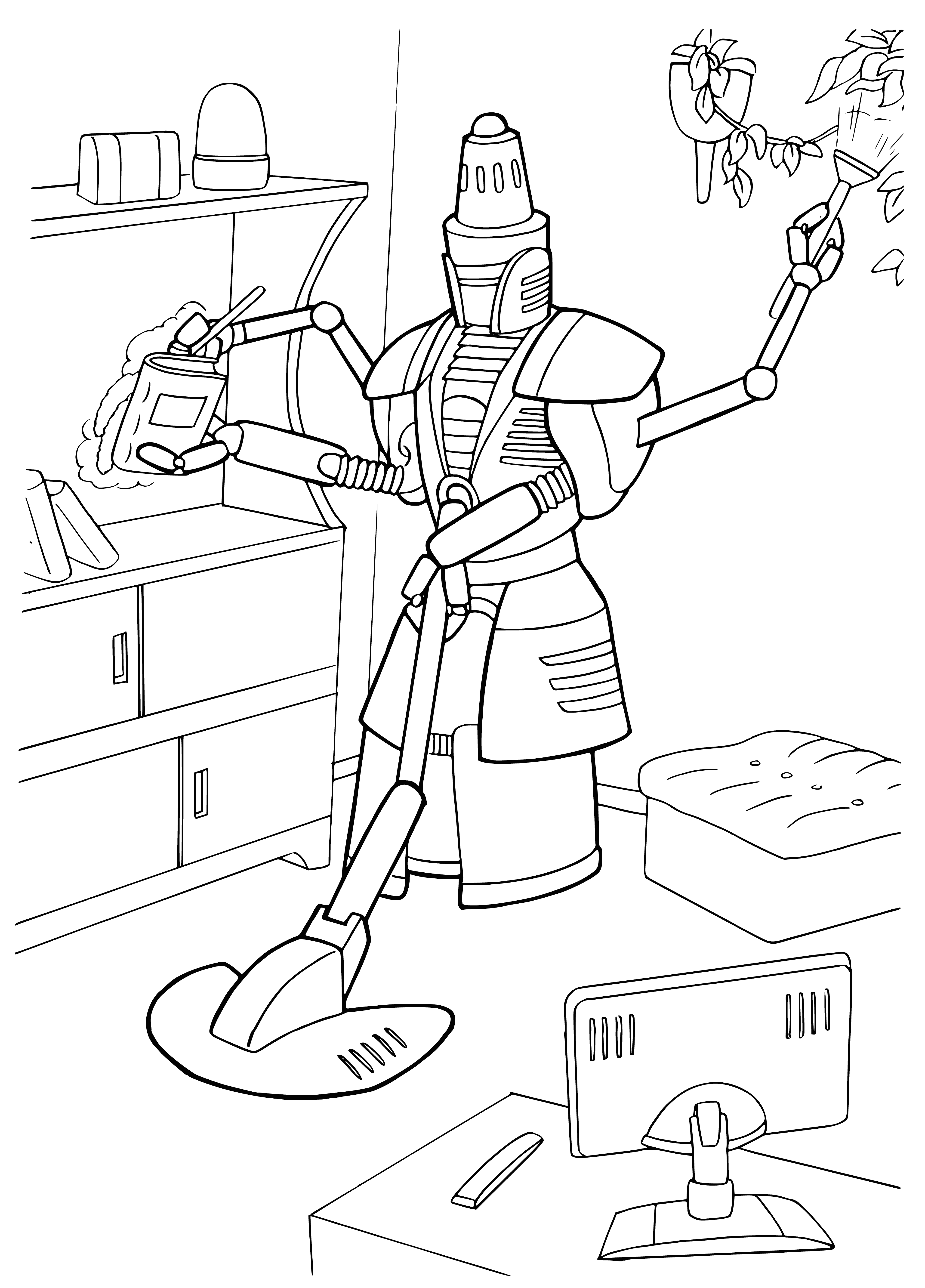coloring page: Robot designed to clean the house has two arms w/ brushes, two legs w/ pads, and back-mounted vac.